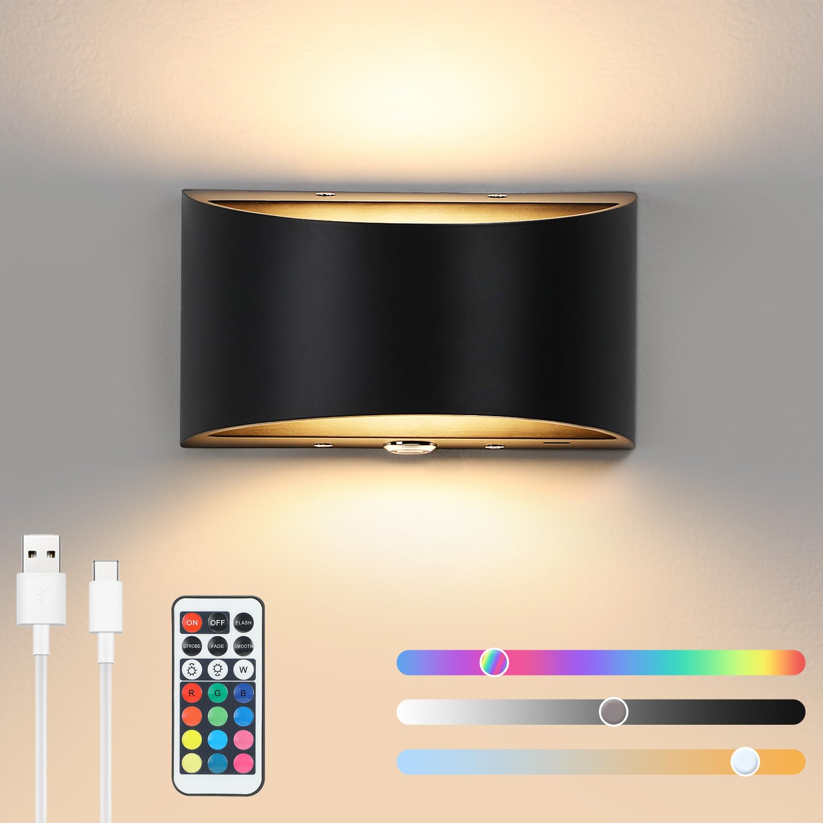Lightess Battery Cordless Wall Sconces, Rgb Colors, Remote & Touch Control, Black, Model 9946266-Bj, Led Wall Lights For Home