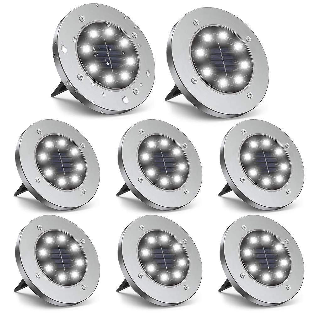 ZGWJ Solar Ground Lights, 8 LED Disk Lights, Stainless Steel, White Light, 8 Pack, Model DMD8PACK