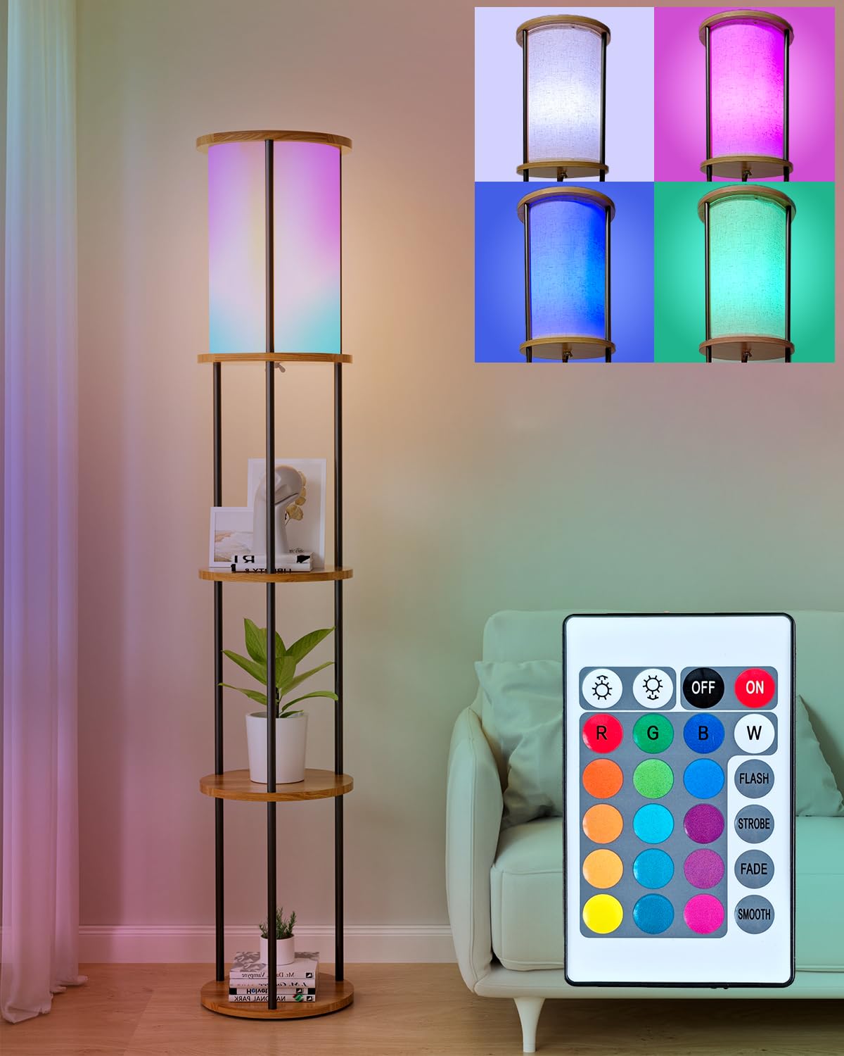 Lightdot 61 RGB Floor Lamp with Shelves, 3-Tier Storage Smart Remote Control Standing Lamp with Fabric Lampshade, E26 Bulb Inclu