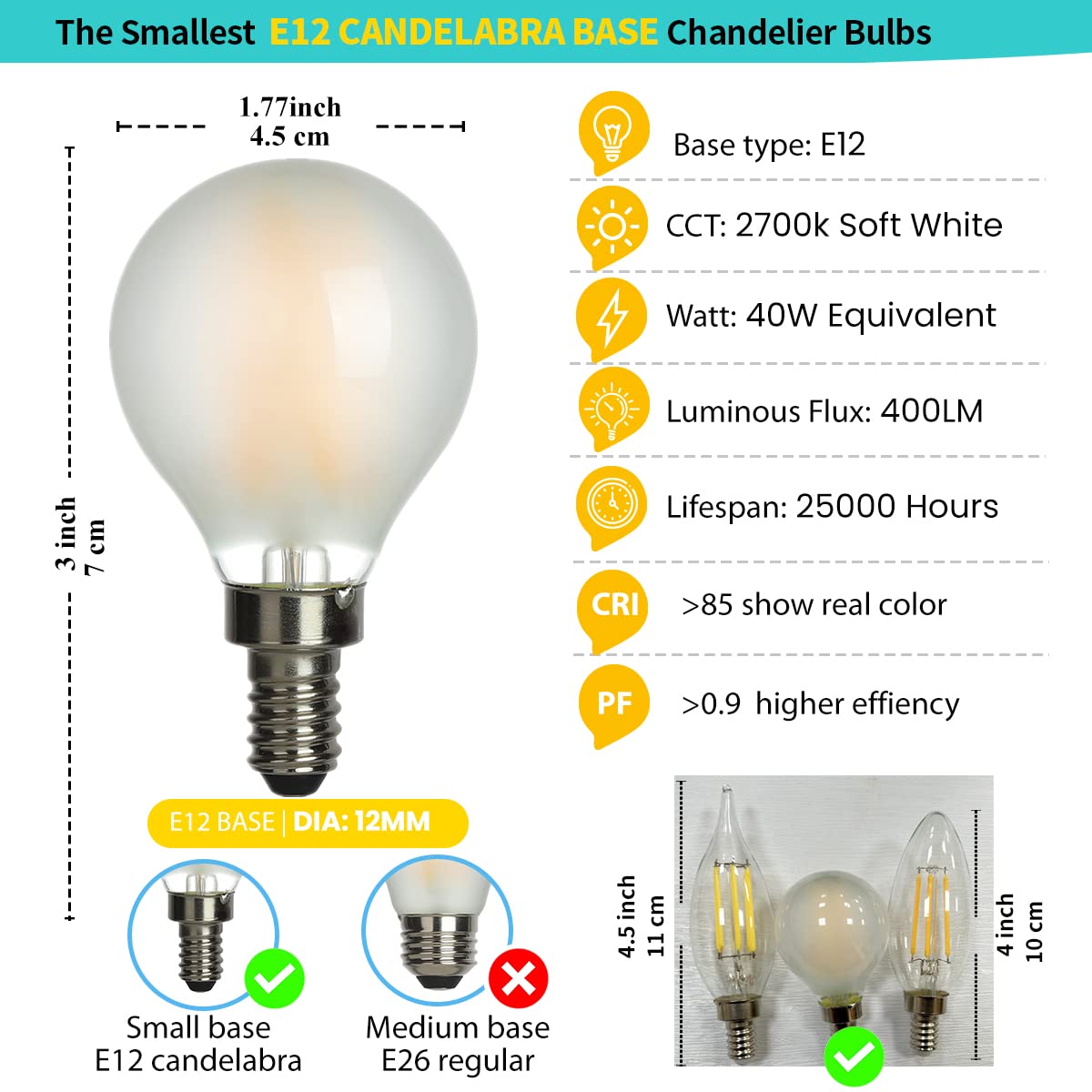 Amdtu E12 Led Chandelier Bulb, 40W Dimmable Soft White, Frosted G16.5,