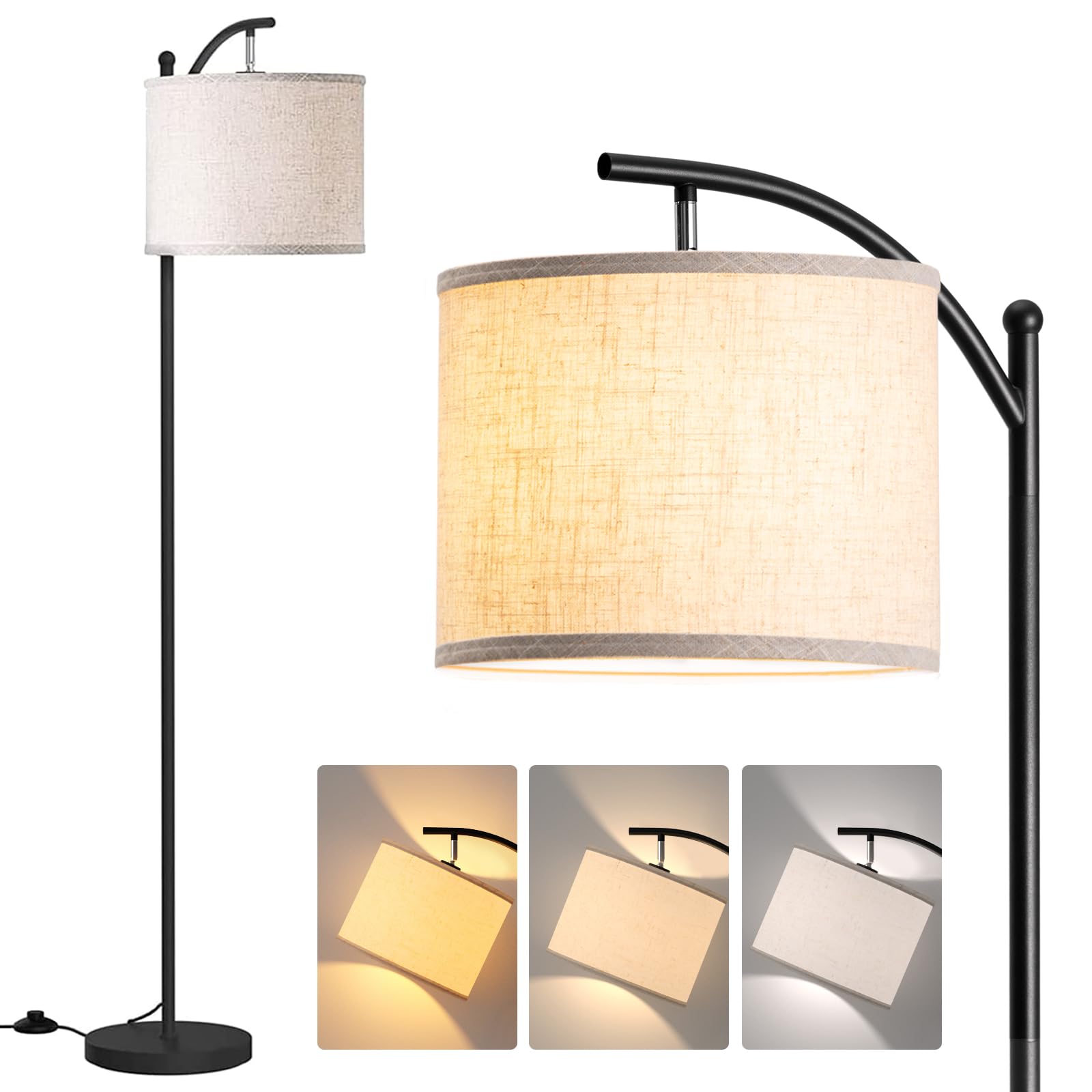 addlon Floor Lamp with Linen Shade, 64 Inch, 3 Color Temperatures, Black with Beige Shade, Model gjynf-832, 9W LED Bulb Included