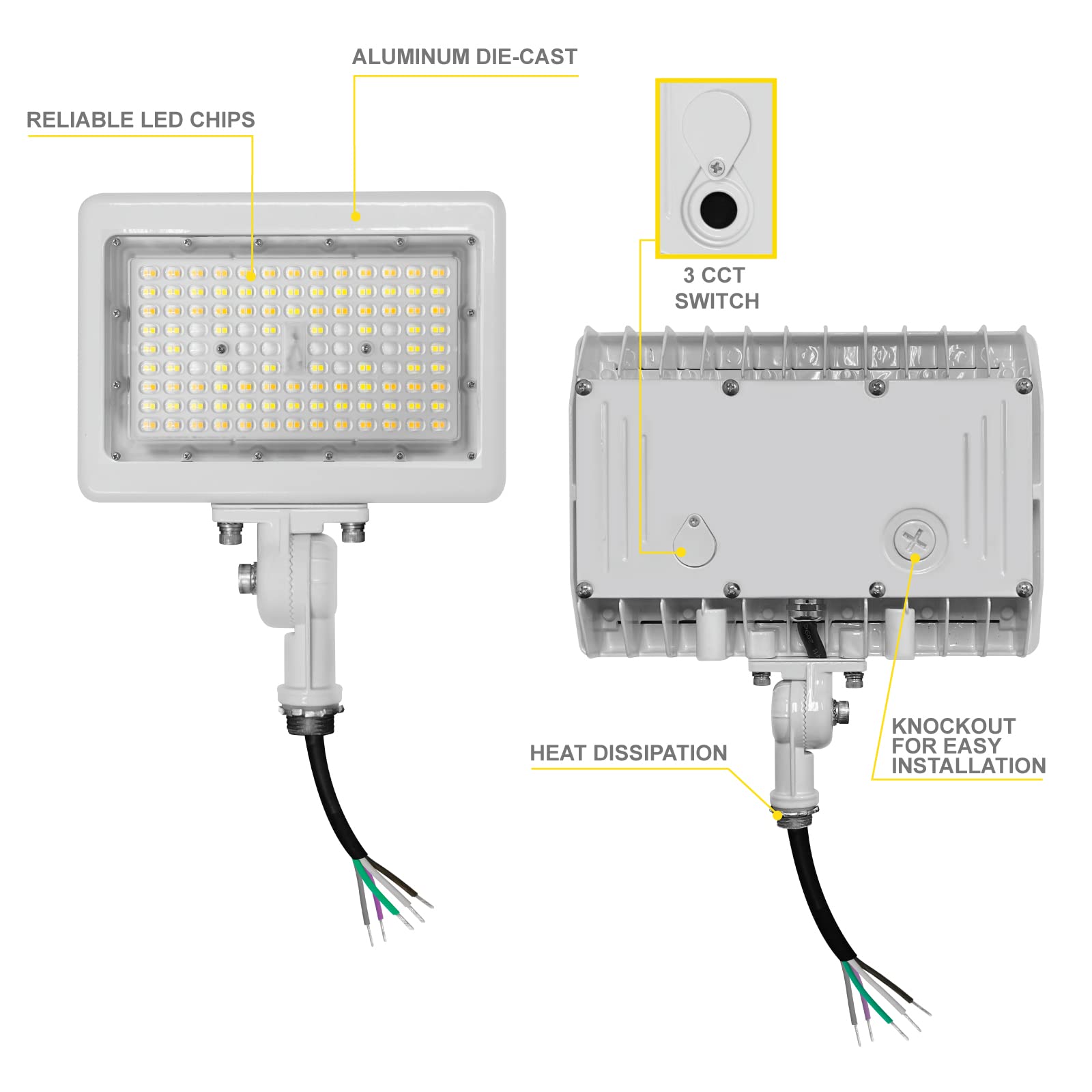 Nuwatt 90W Led Flood Light, 3Cct 3000K/4000K/5000K Selectable, Ip65 Waterproof Lighting, Adjustable Knuckle Mount, 12600Lm, 0-10V Dimmable, 120-277V, Outdoor Security Floodlight For Yard, White, Ul