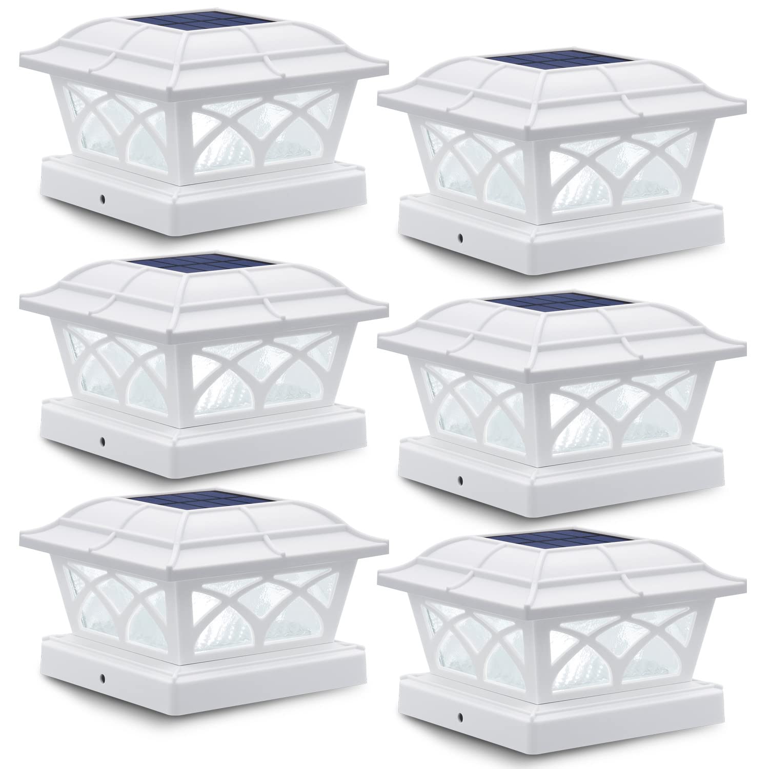 SIEDiNLAR Solar Post Cap Lights, 8 LEDs, 2 Color Modes, Glass, 6 Pack, White, Model SD012W-6PK
