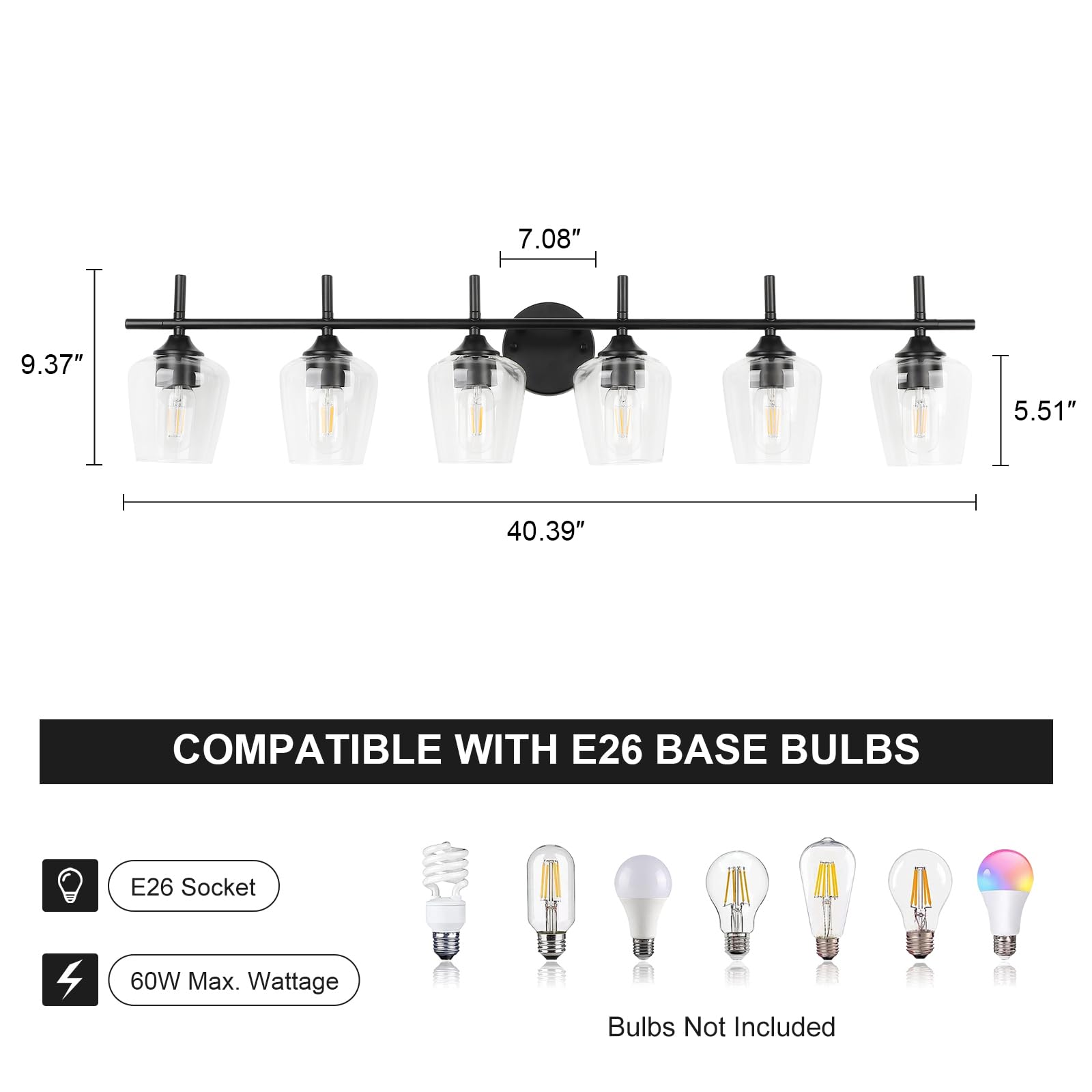 foucasal Bathroom Vanity Light Fixture, 6-Light Modern Matte Black Wall Lamp with Clear Glass Shade for Bathroom and Hallway