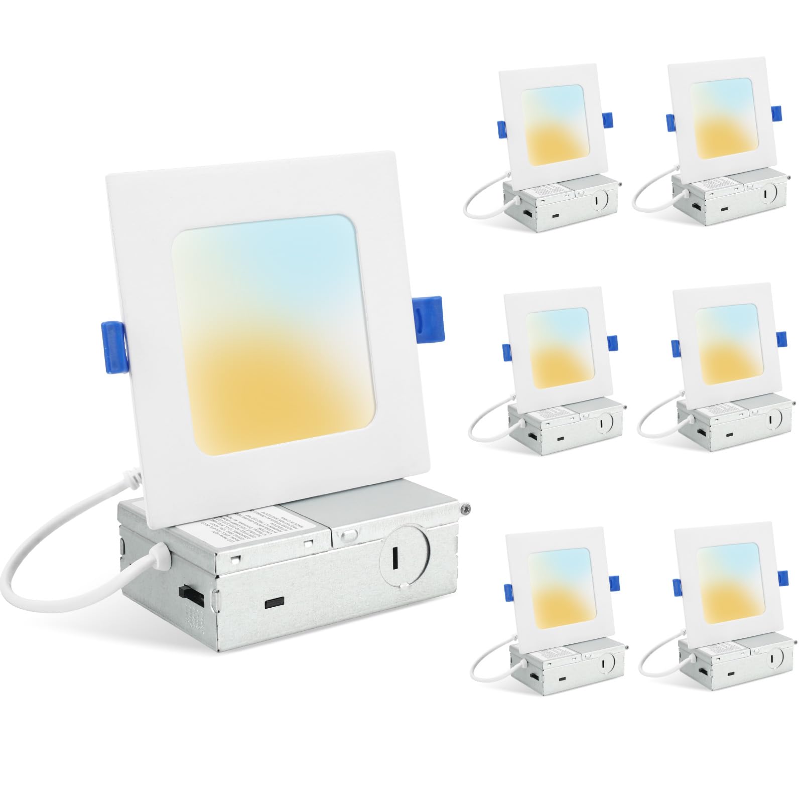 HONZIN 6 Pack 4 Inch Square Recessed Lighting, 5CCT Ultra Thin Square Recessed LED Downlight with Junction Box, 2700K/3000K/3500