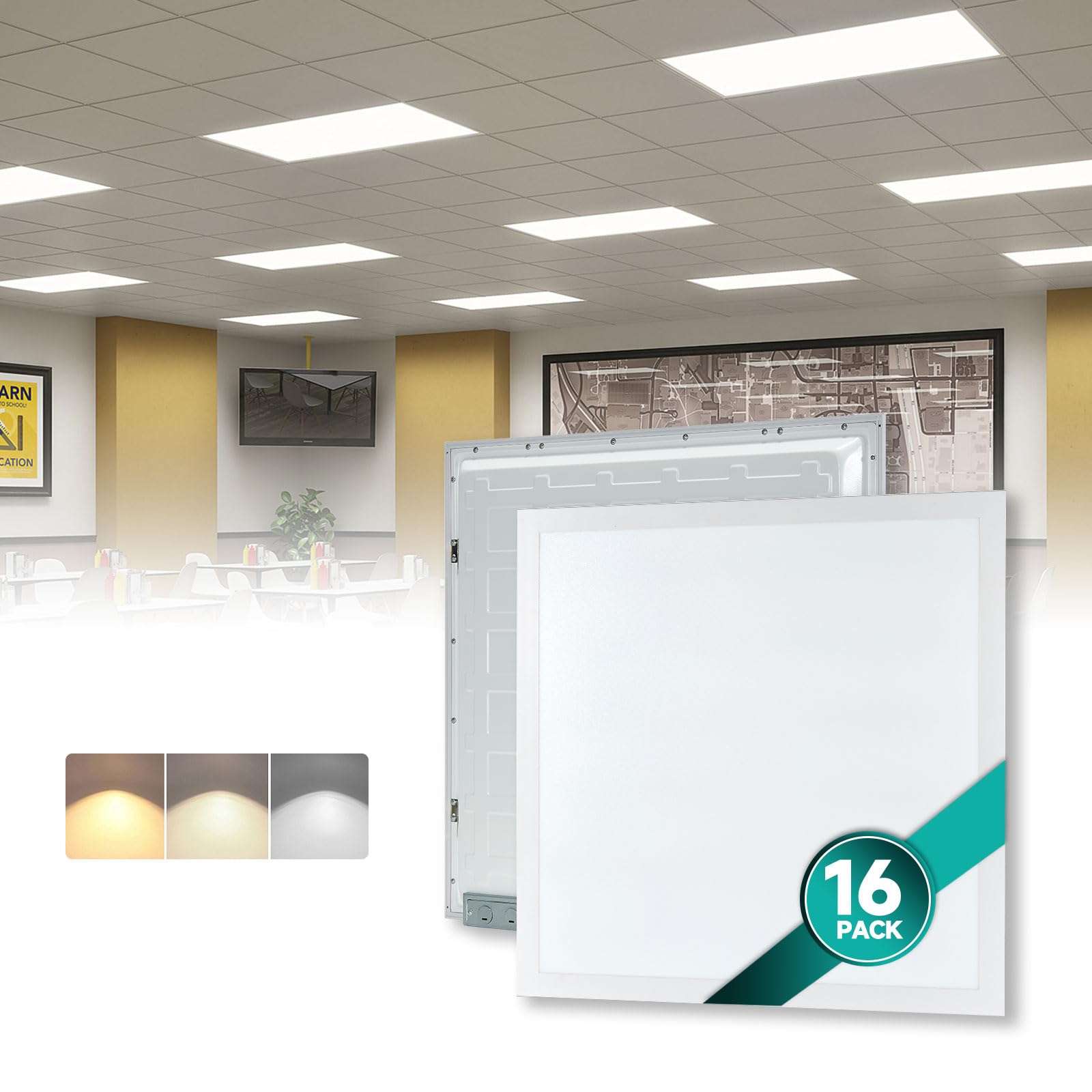 VocgoUU 16-Pack 2x2 LED Flat Panel Light Drop Ceiling, 0-10V Dimmable, 3CCT Selectable (5000K 4000K 3000K) & 3 Wattage Switchabl