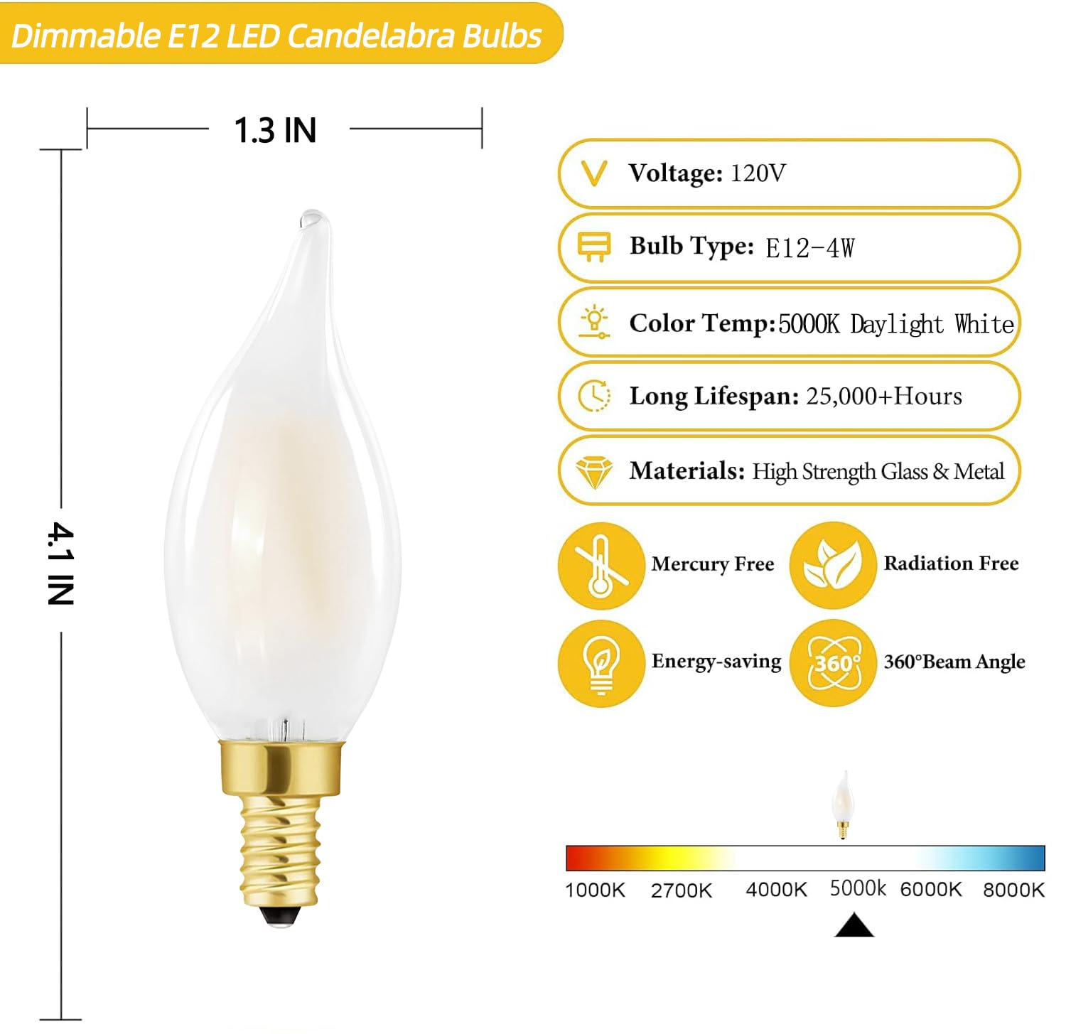 Homosum Led Frosted Candelabra Light Bulbs, E12 Led Bulb 40W Equivalent, Dimmable Chandelier Light Bulbs,Daylight White 5000K,Ac