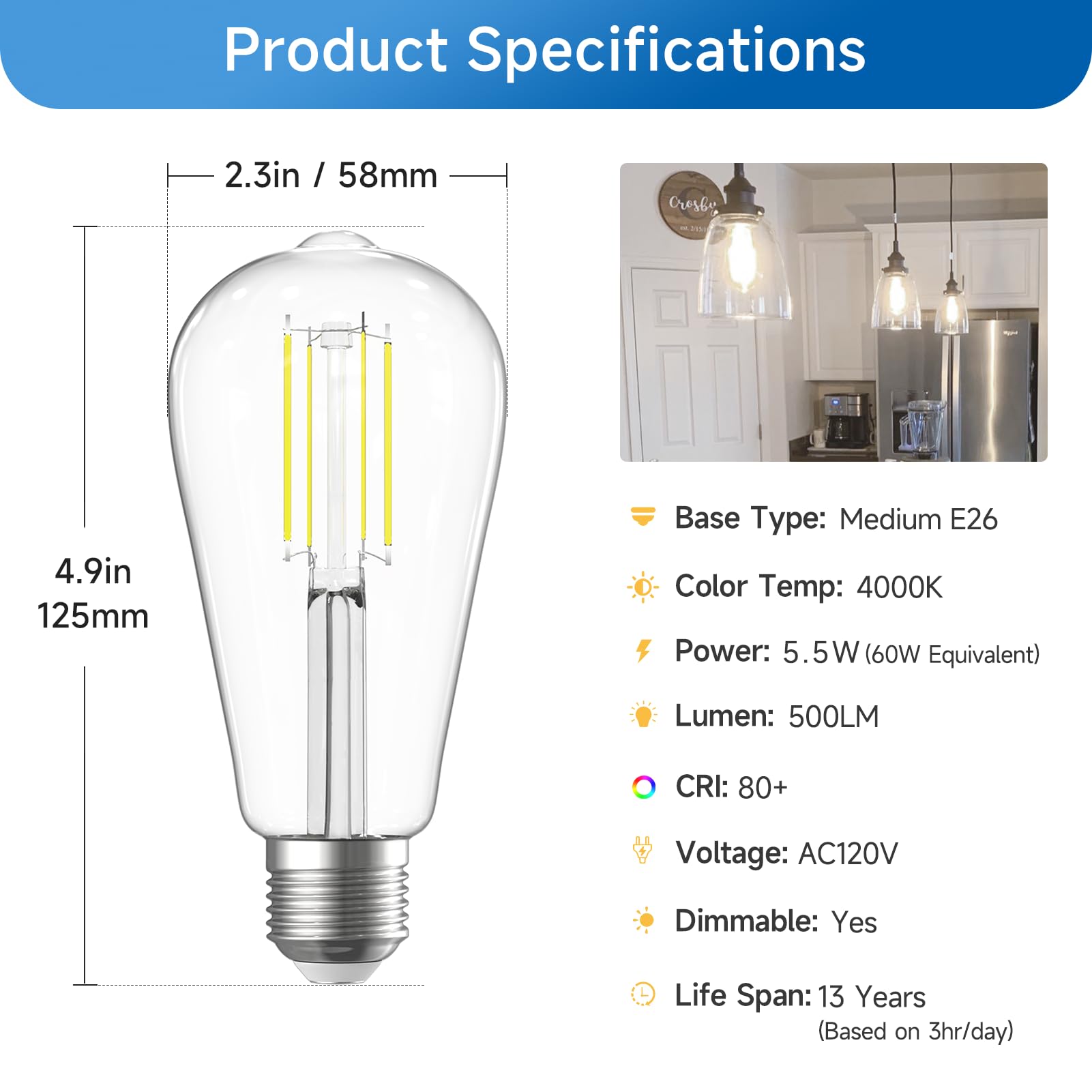 Shinestar Dimmable Edison Bulbs 60 Watt Led, Bright Daylight White 4000K, Vintage St58 Antique Led Filament Bulbs, E26 Medium Ba