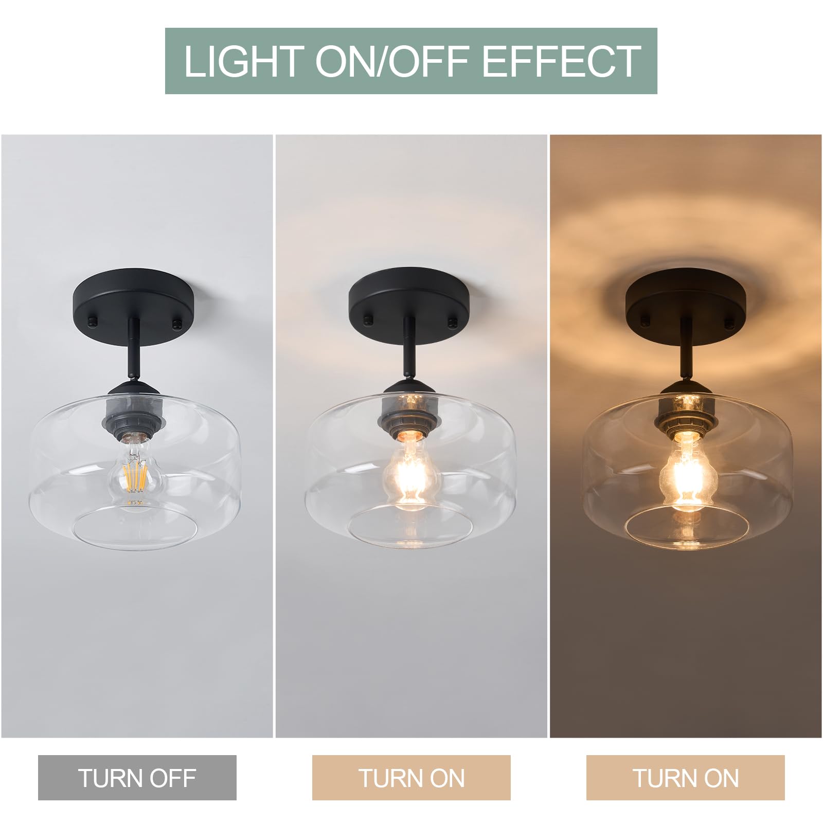 Tehenoo Matte Black Semi Flush Mount Light With Clear Glass Shade, Adjustable For Sloped Ceilings For Kitchen,Hallway,Living Roo