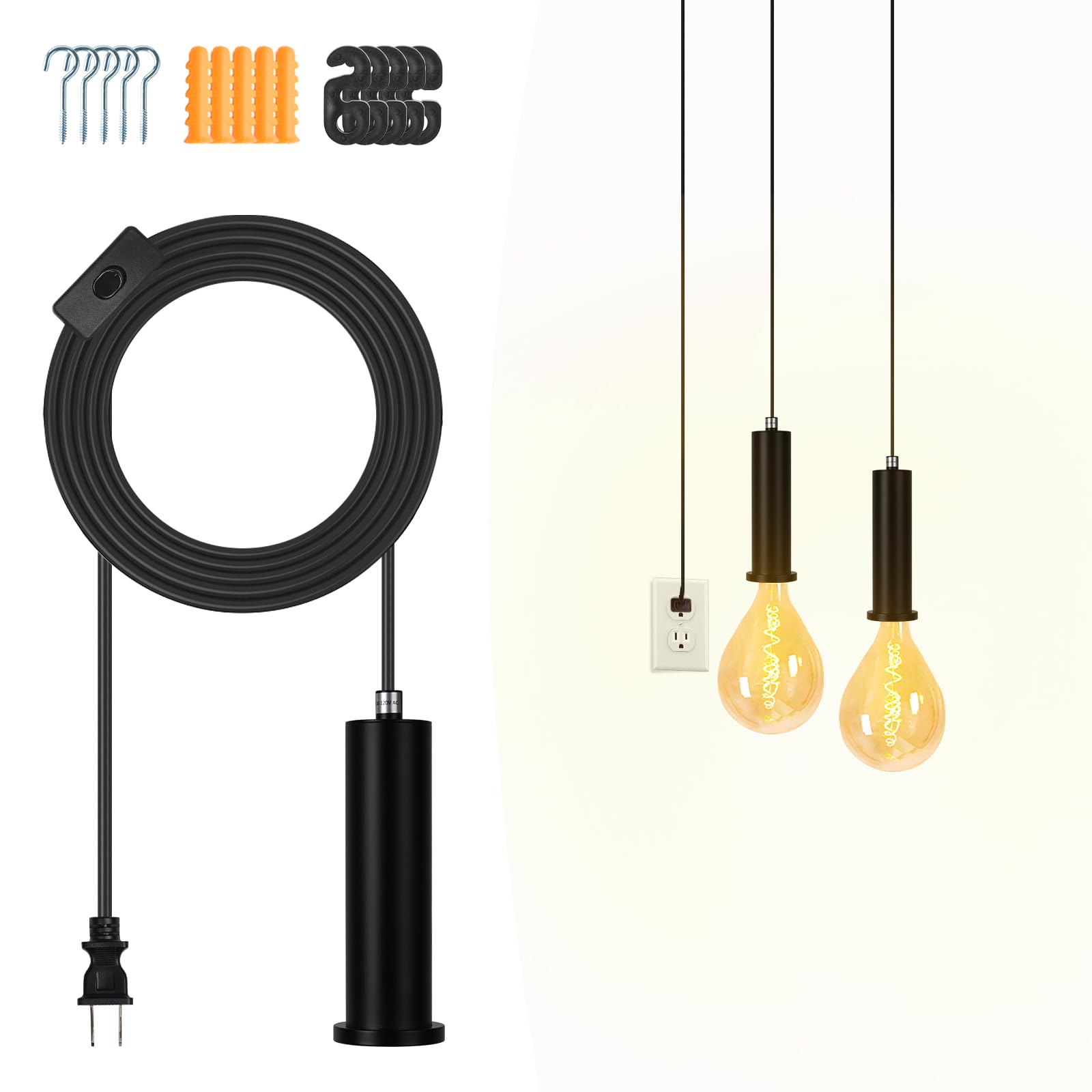 AMDTU Hanging Lights with Plug in Cord Black, 15FT Plug-in Pendant Light Fixtures,Hanging Lamp Cord with Switch On Off for Livin