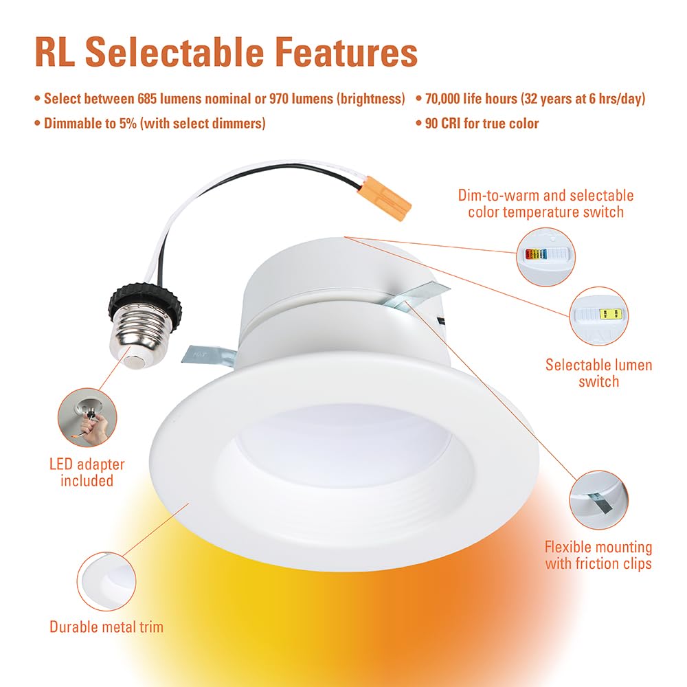 Halo Rl Series 4 Inch Recessed Led Retrofit Light Selectable Cct (2700K-5000K) And Selectable Lumens, Dim To Warm, Integrated Le