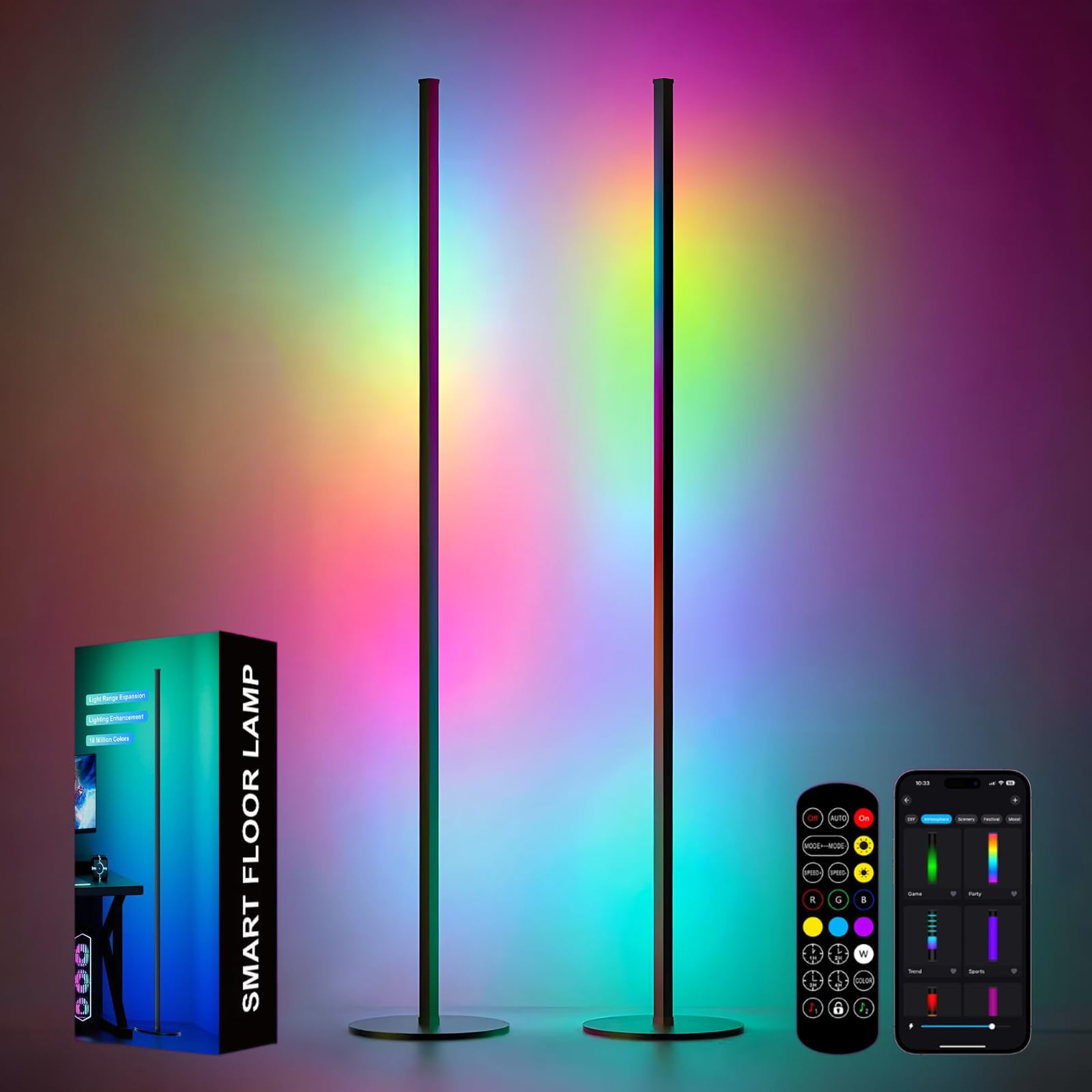 Corner Floor Lamp, 2 Pack RGB IC Corner Lamp 55 with APP Control, 16 Million Colors, Timing Function and Music Sync, Color Chang