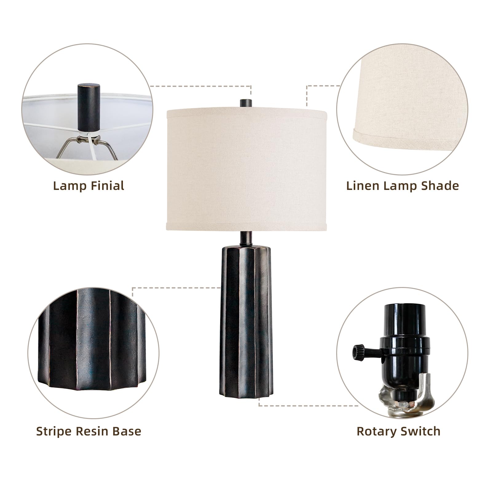 Roriano Set Of 2 Vintage Table Lamps For Bedroom Living Room, 24'' Traditional Farmhouse Resin Desk Lamps Rustic Modern Nightsta