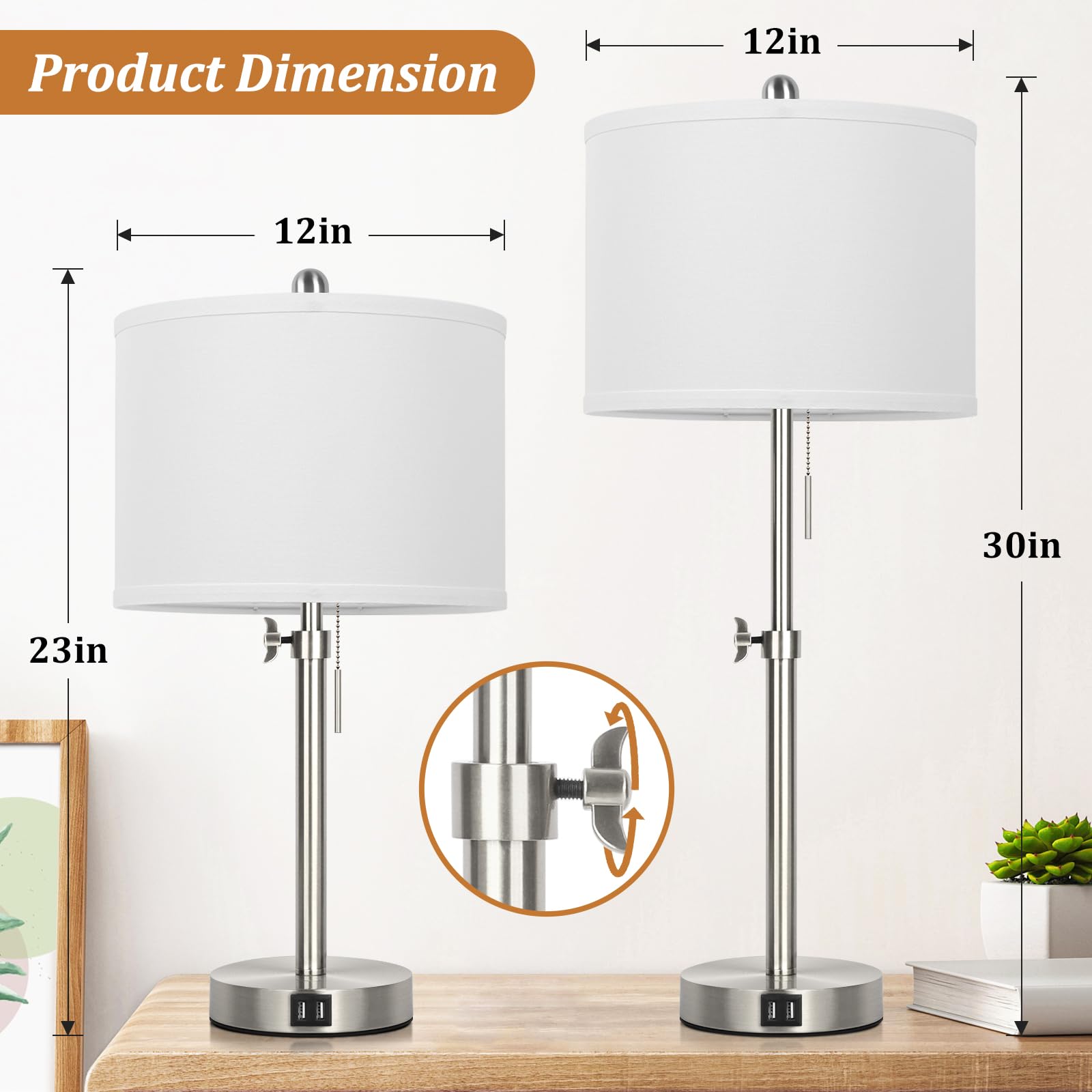 Kondras 23"-30" Adjustable Silver Table Lamp Set of 2 with USB Ports, Metal Nightstand Lamp for Bedroom & Living Room, Model T0450-ST+WH