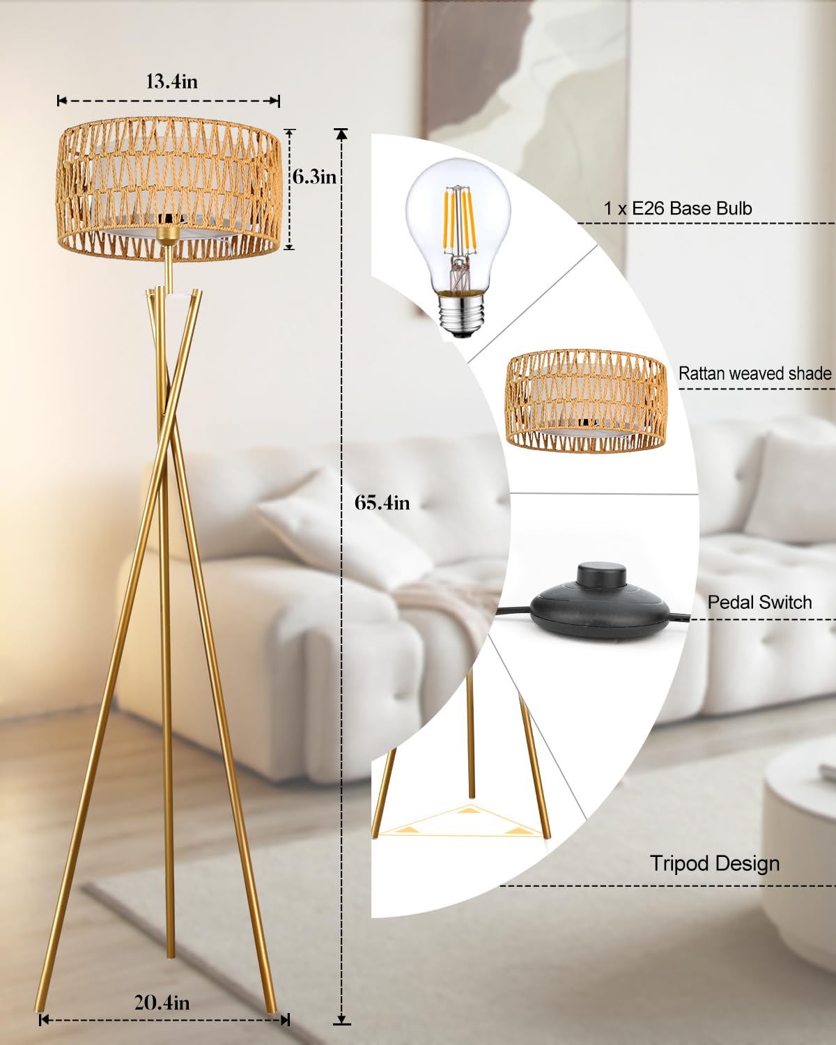 Lightdot Rattan Floor Lamp - Mid Century, Modern Design For Living Room, Bedroom & Office - 3000K Soft Light, Gold E26 Base