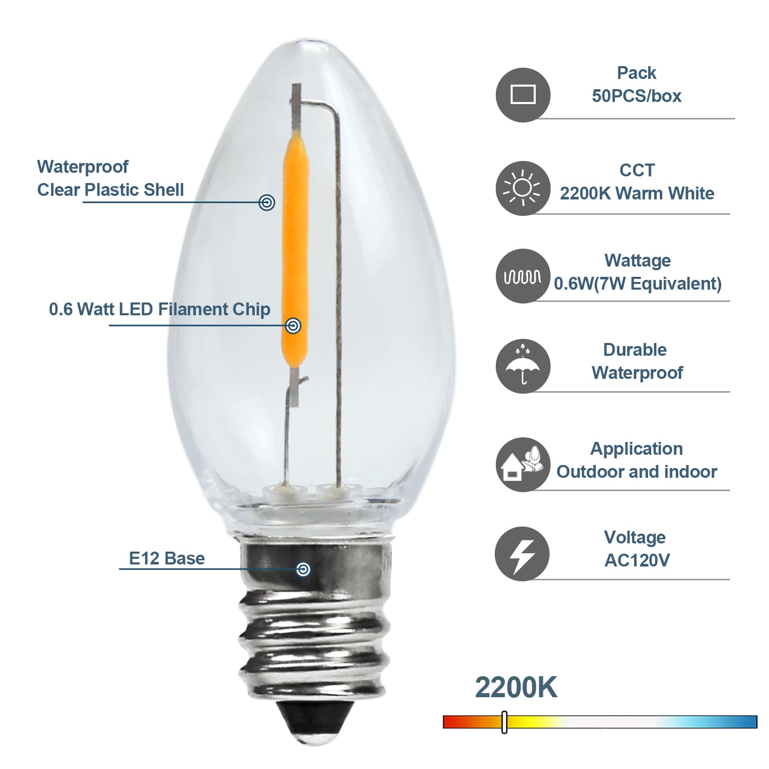 6 Pack C7 Led Night Light Bulbs,C7 Led Replacement Light Bulb For Christmas String Light, 0.6 Watt Equivalent To 7 Watt, Warm Wh