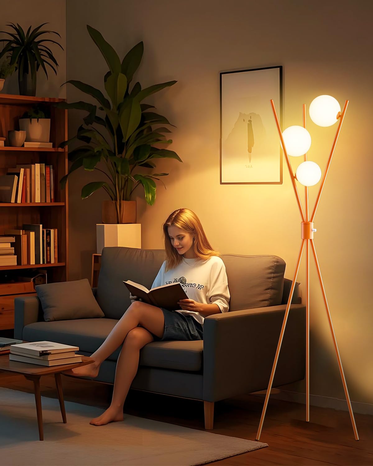 Lightdot Globe Standing Lamps Stepless Dimmable Tripod Floor Lamp with 3PCS 3000K G9 Bulbs Stable Base Orange Mid Century Modern