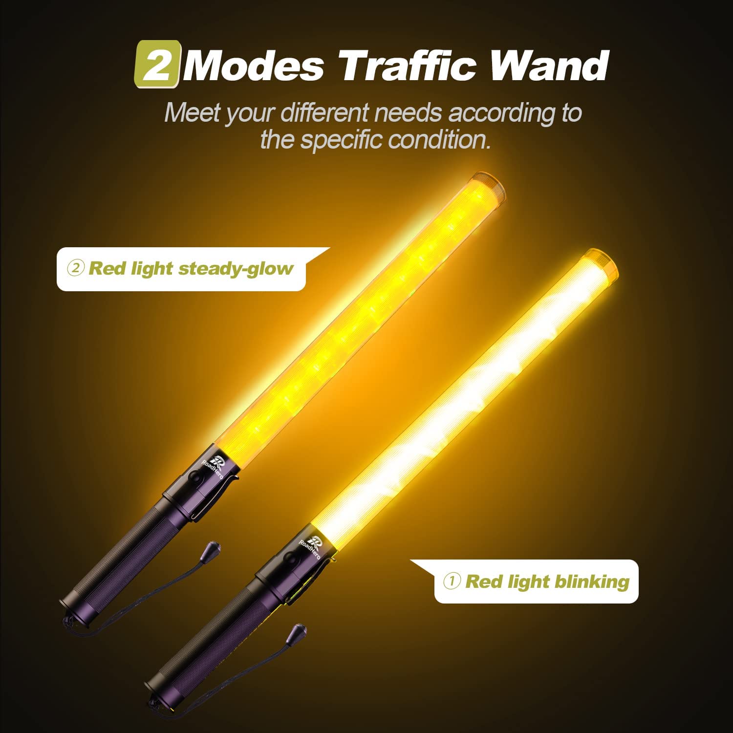 Roadhero 2 Pack 21Inch Traffic Wand, Yellow Led Traffic Control Baton, Night Safety Light Wands With 2 Flashing Modes, Air Marshaling Signal Wand With Side Clip For Airport, Parking, Car Directing