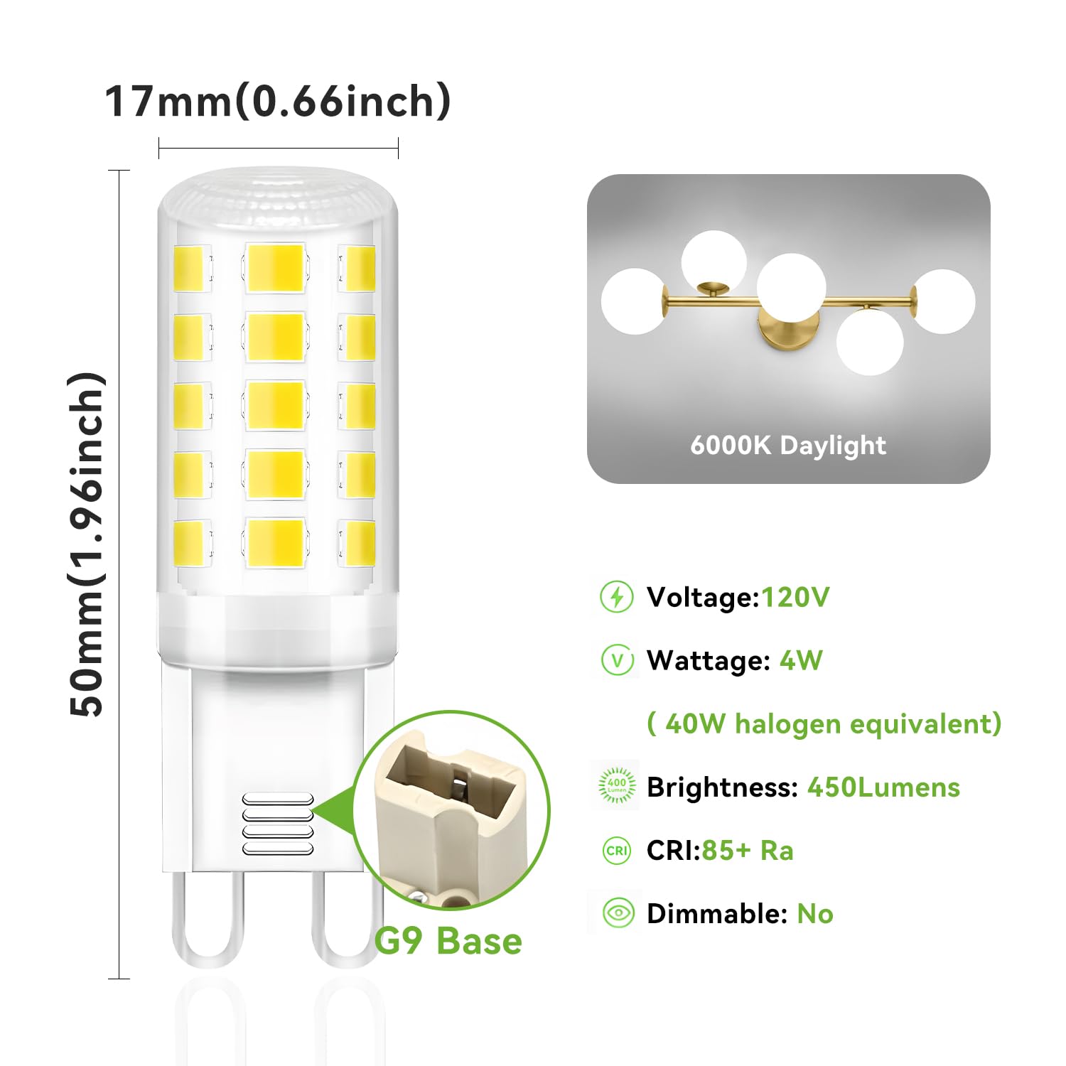 Tjoy 12 Pack G9 Led Bulb 4W, 40 Watt Equivalent Halogen, 6000K Daylight Chandelier Light Bulbs, T4 G9 Bi-Pin Base For Crystal Ch