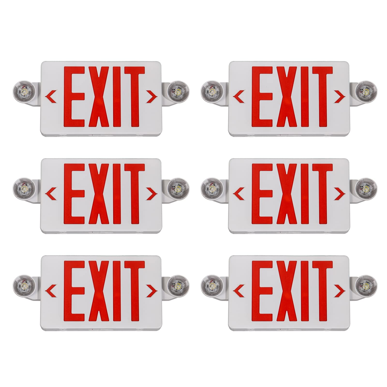 TANLUX Red Exit Sign with Emergency Lights, LED, UL Listed, 6 Pack, White Housing, Model TL-EX01RE-6