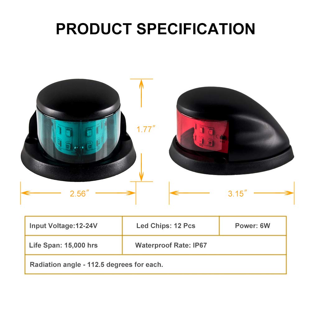 Sebnux LED Boat Navigation Light - Red & Green Marine Bow Light for Small Boats - Black, Model ACK001