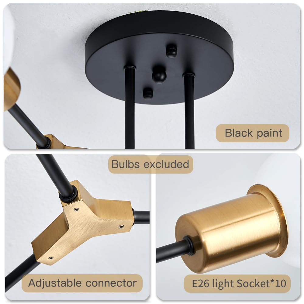 Quoobe Mid Centur Modern 10 Light Semi Flush Mount Ceiling Lighting Fixture For Dining Room Living Room Bedroom Aisle Kitchen Restaurant,Metal Gold And Black Sputnik Chandelier