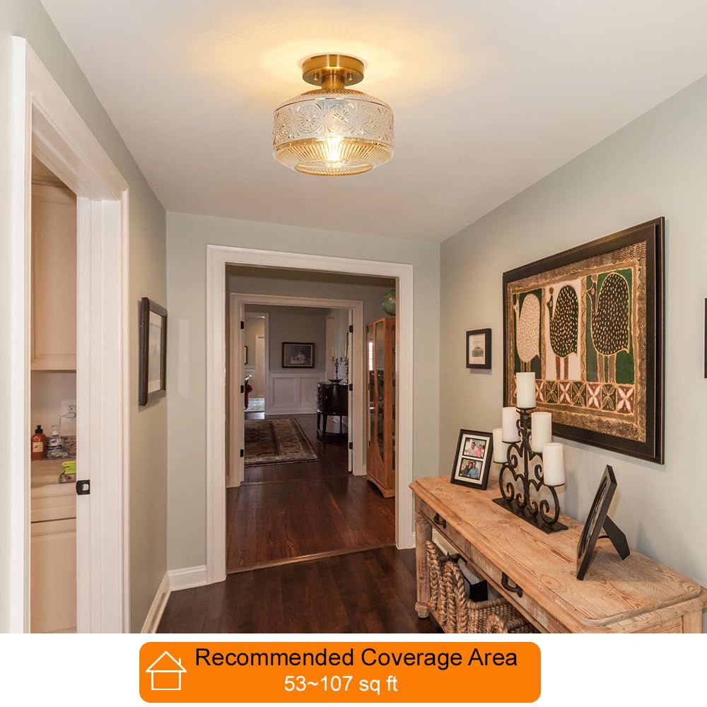 Semi Flush Mount Ceiling Light, Vintage Small Ceiling Light Fixture, Thickened Glass Hallway Lighting Fixture, Brass Kitchen Cei