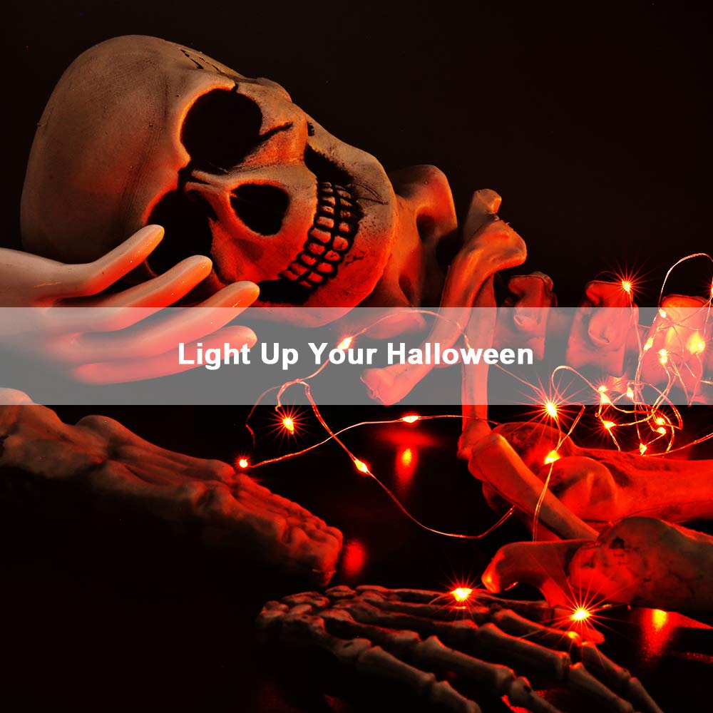 BrizLabs Orange Halloween Lights, 60 LED Fairy Lights, 19.47ft, Battery Operated, Indoor, Silver Wire, 2 Pack