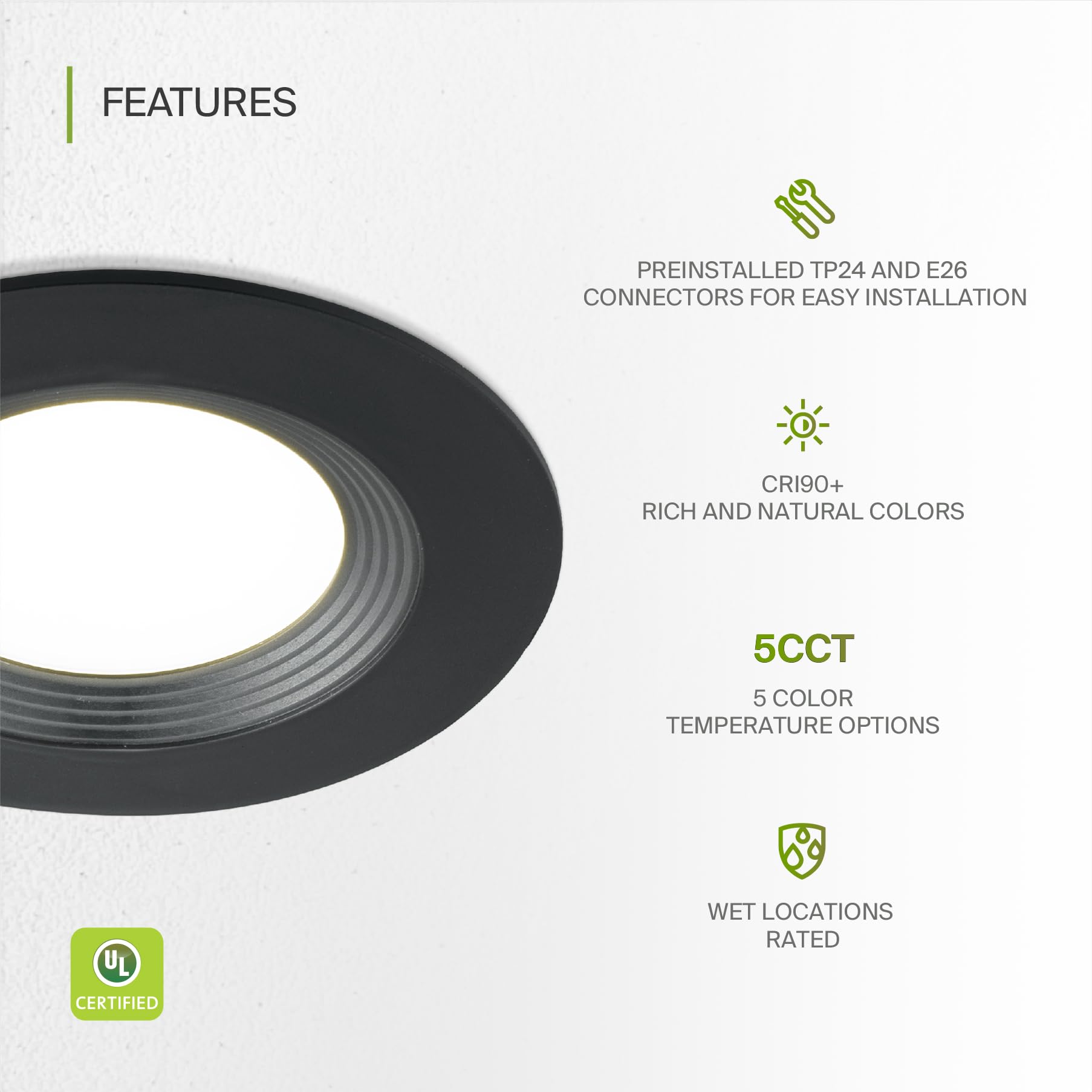 ASD 6 Inch LED Recessed Lighting, Black, 12W 1009 Lm, Dimmable, 2700K-5000K Adjustable, Model A-LRKR