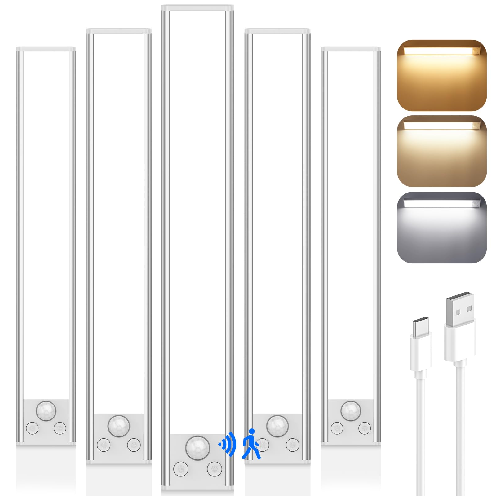 14in Under Cabinet Lighting, 3200mAh Rechargeable Battery Powered Closet Lights with 3 Color Tempers 108 LED, Wireless Motion Sensor Lights Indoor, Dimmable Lights for Kitchen, Stair, 5-Pack