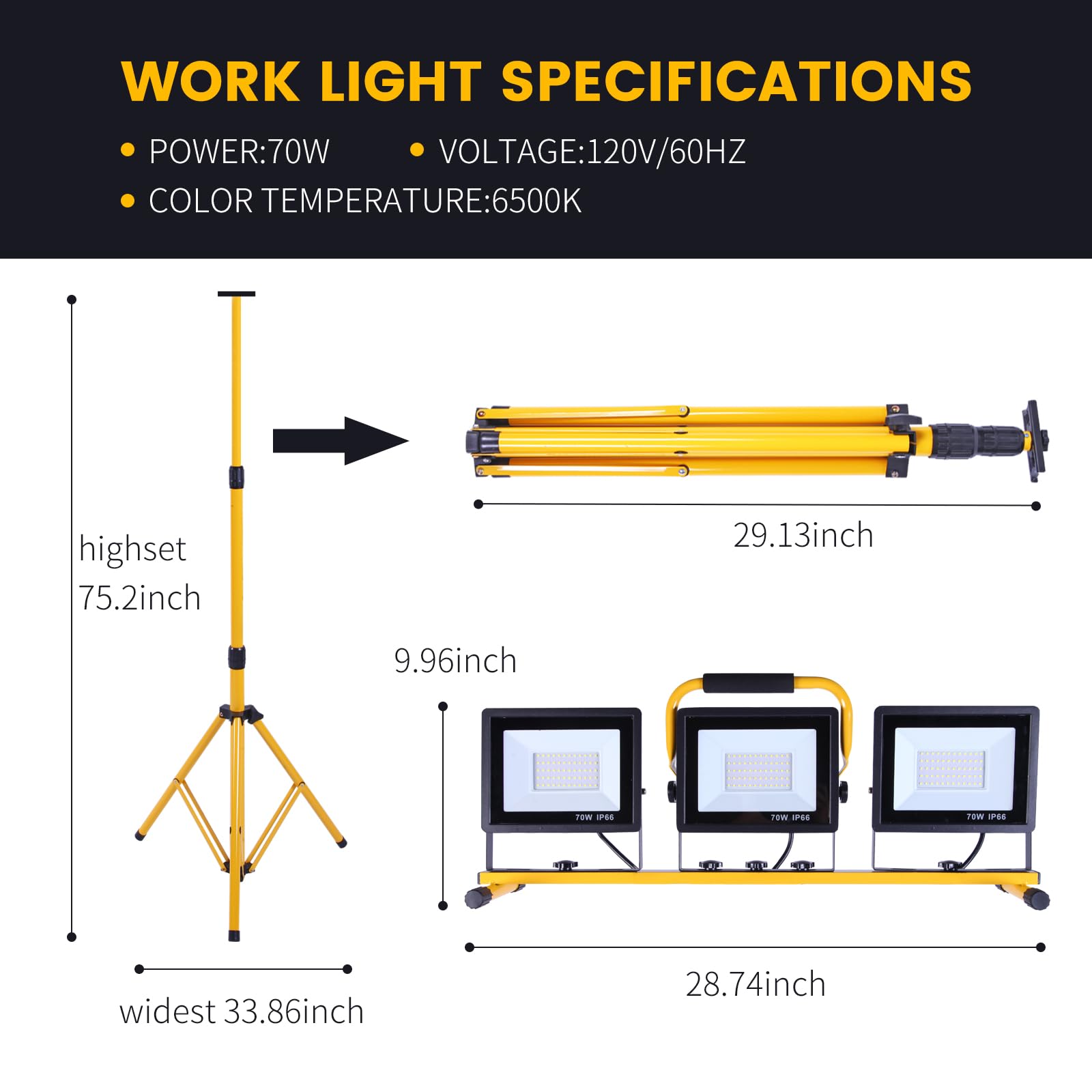 21000 Lumen Work Lights With Stand, 3 Adjustable Head Led Work Light, With Adjustable And Foldable Tripod Stand, Waterproof Lamp With Individual Switch With 6500 Kelvin Color Temperature