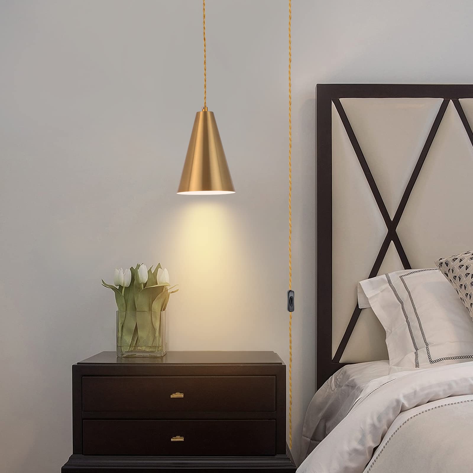 Dijiahua Gold Plug In Pendant Light - Modern Mini Brass Fixture with On/Off Switch for Kitchen Island and Bedroom, Model P-JDH049