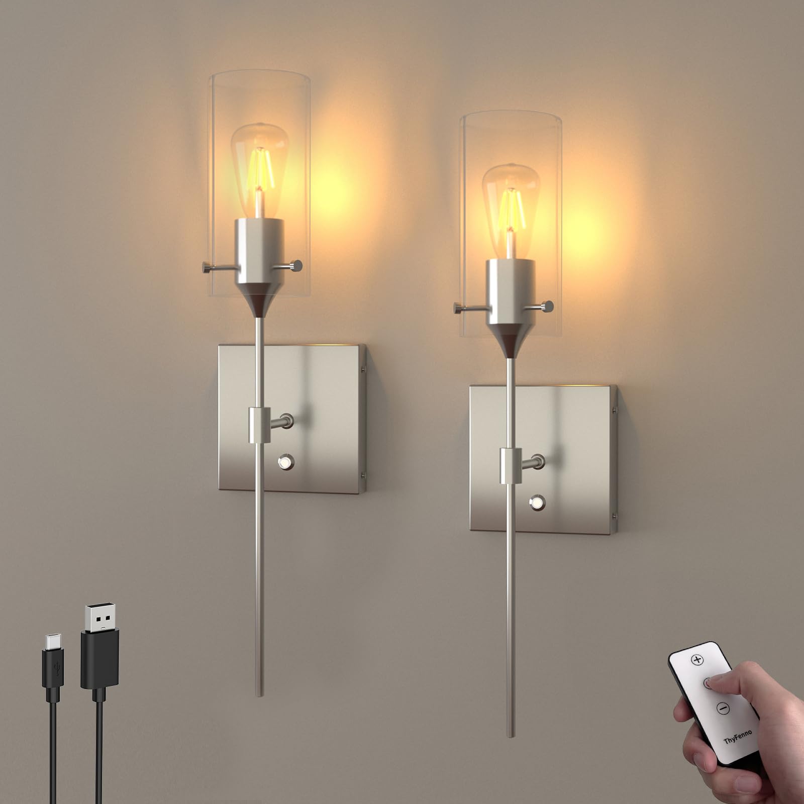 ThyFenno Battery Operated Wall Sconce with Remote Control Set of 2  Dimmable Wall Light Fixture Rechargeable  Nickel Wireless Wall Mount Lamp for Living Room Bedside Hallway Lounge  Bulb Included