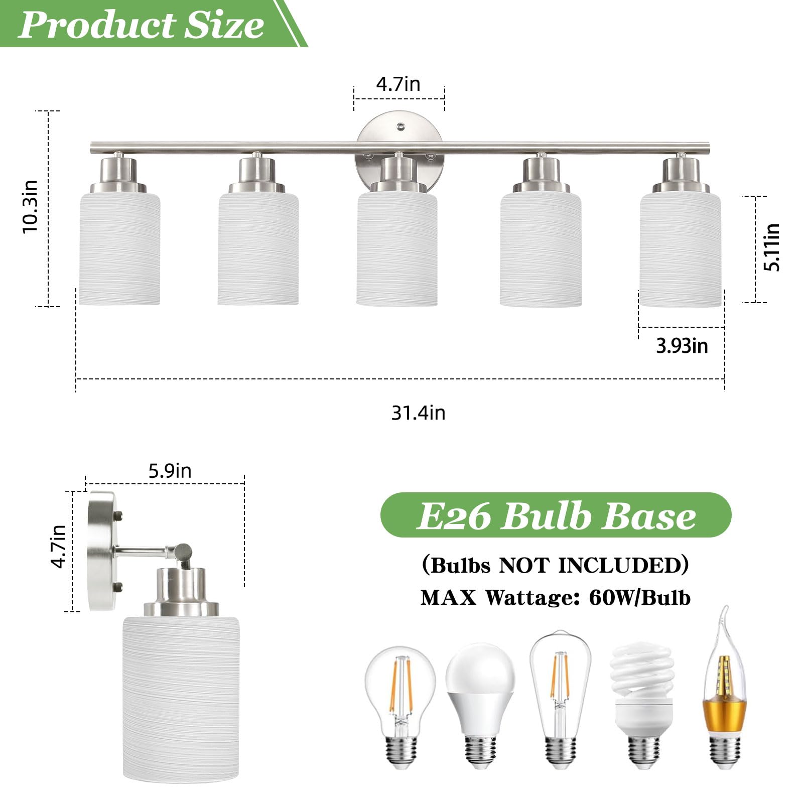 Guliaofo Bathroom Light Fixtures, 5-Light Brushed Nickel Vanity Lights, Bathroom Vanity Light, Vanity Light For Bathroom, Vanity