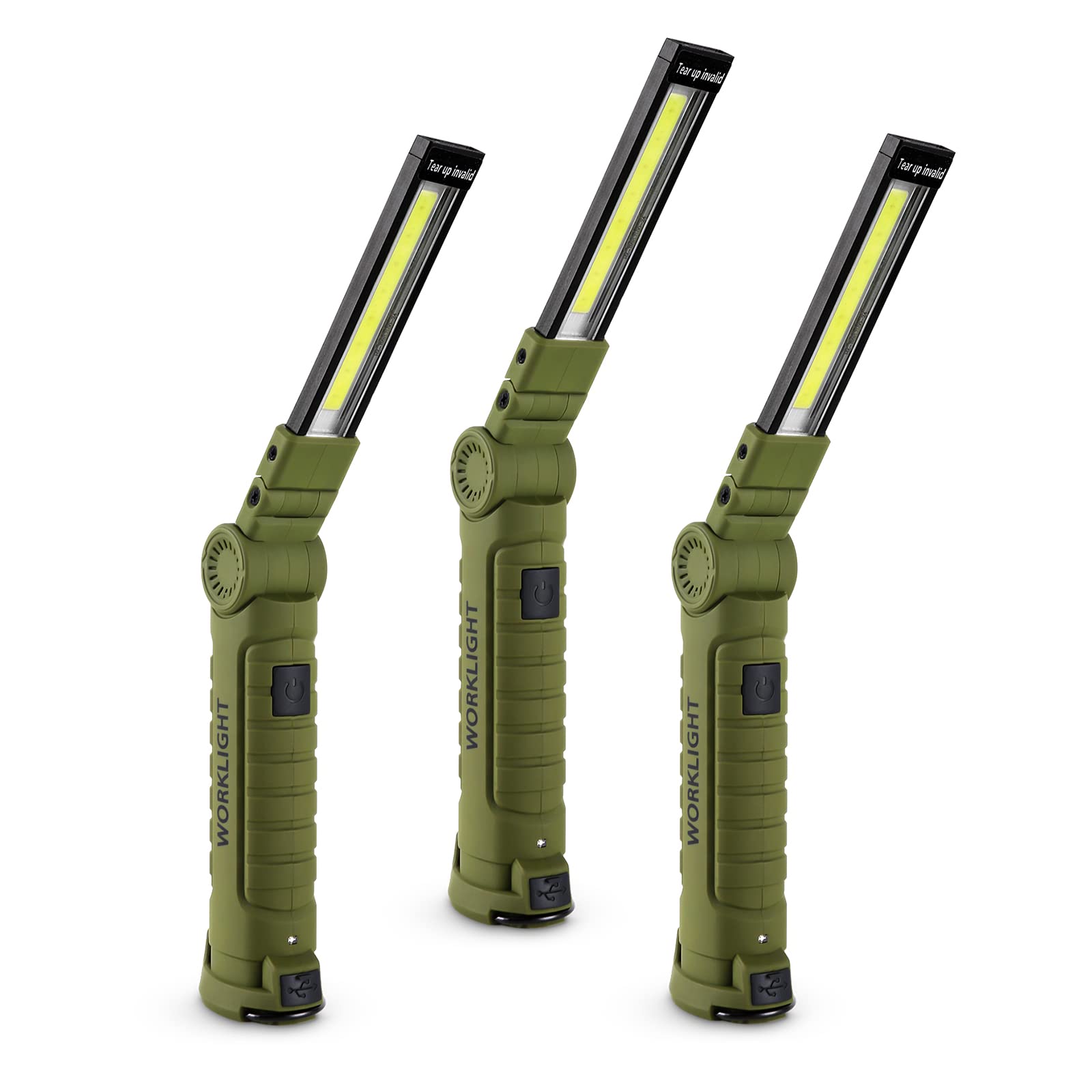 Lmaytech LED Work Light, COB Rechargeable, Magnetic Base, 360° Rotate, 5 Light Modes, 3 Pack, Green, ABS Material