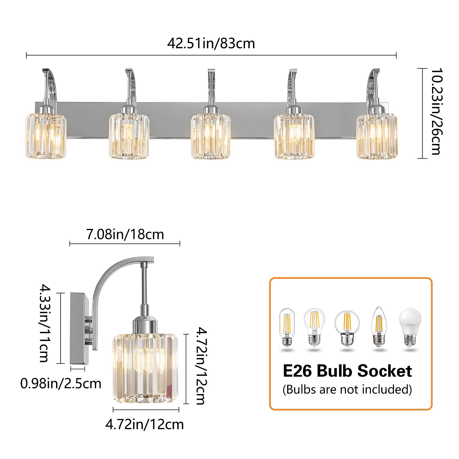 FDPBY 5-Light Crystal Vanity Light, Modern Chrome Wall Sconce, 42.51" for Bathroom & Hallway, K9 Crystal Shades, Model 294-Y