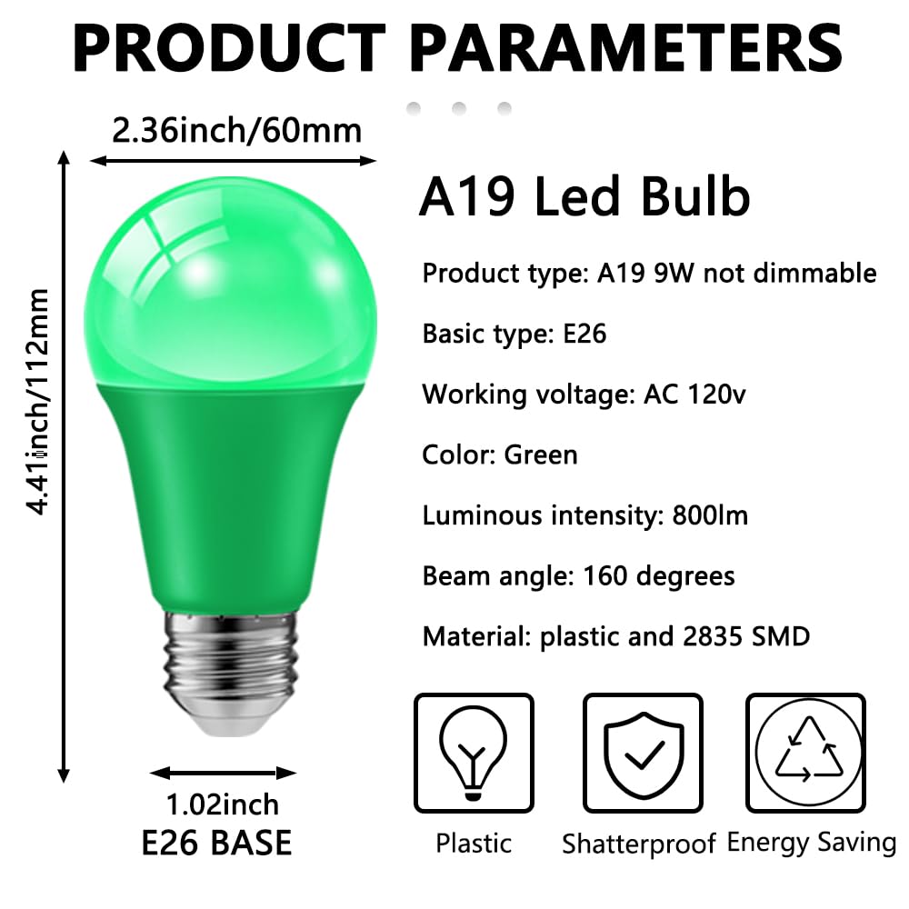 6 Pack 9W (60W Equivalent) 120V E26 Base A19 Led Colored Light Bulb  Green Led Lights For Party Christmas Decor And Halloween Lighting