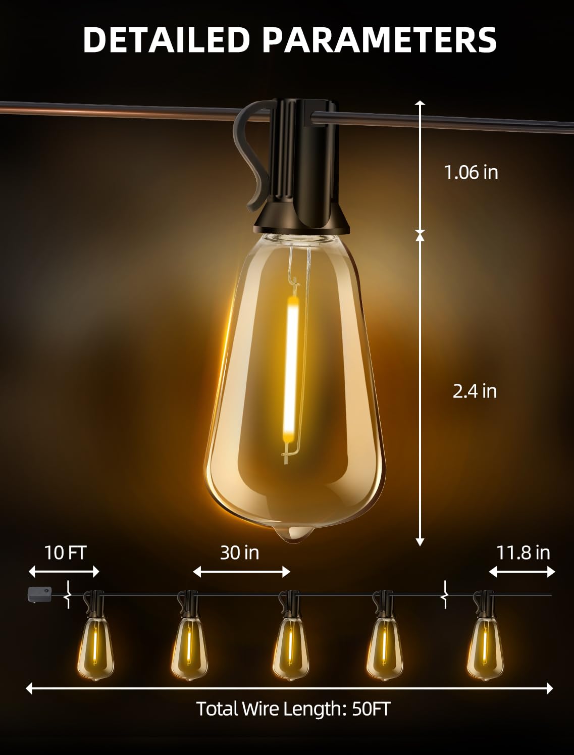 Vozuji Outdoor Patio String Lights: 50Ft 15M Outside Waterproof Light - Remote Dimmable St38 Shatterproof Bulb Connectable Hanging Outdoor Electric Lighting - Backyard Yard Gazebo Porch Party