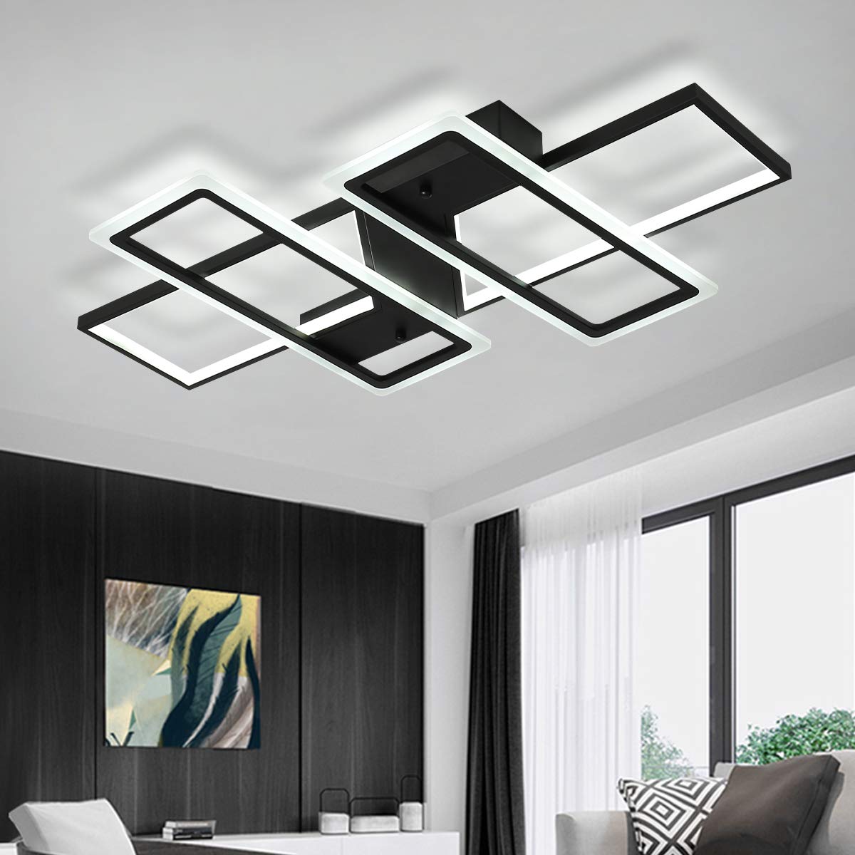 Jaycomey Ceiling Light, Modern 95W LED Flush Mount Ceiling Lamp, 4 Squares Black Metal Acrylic Ceiling Light Fixture for Living 