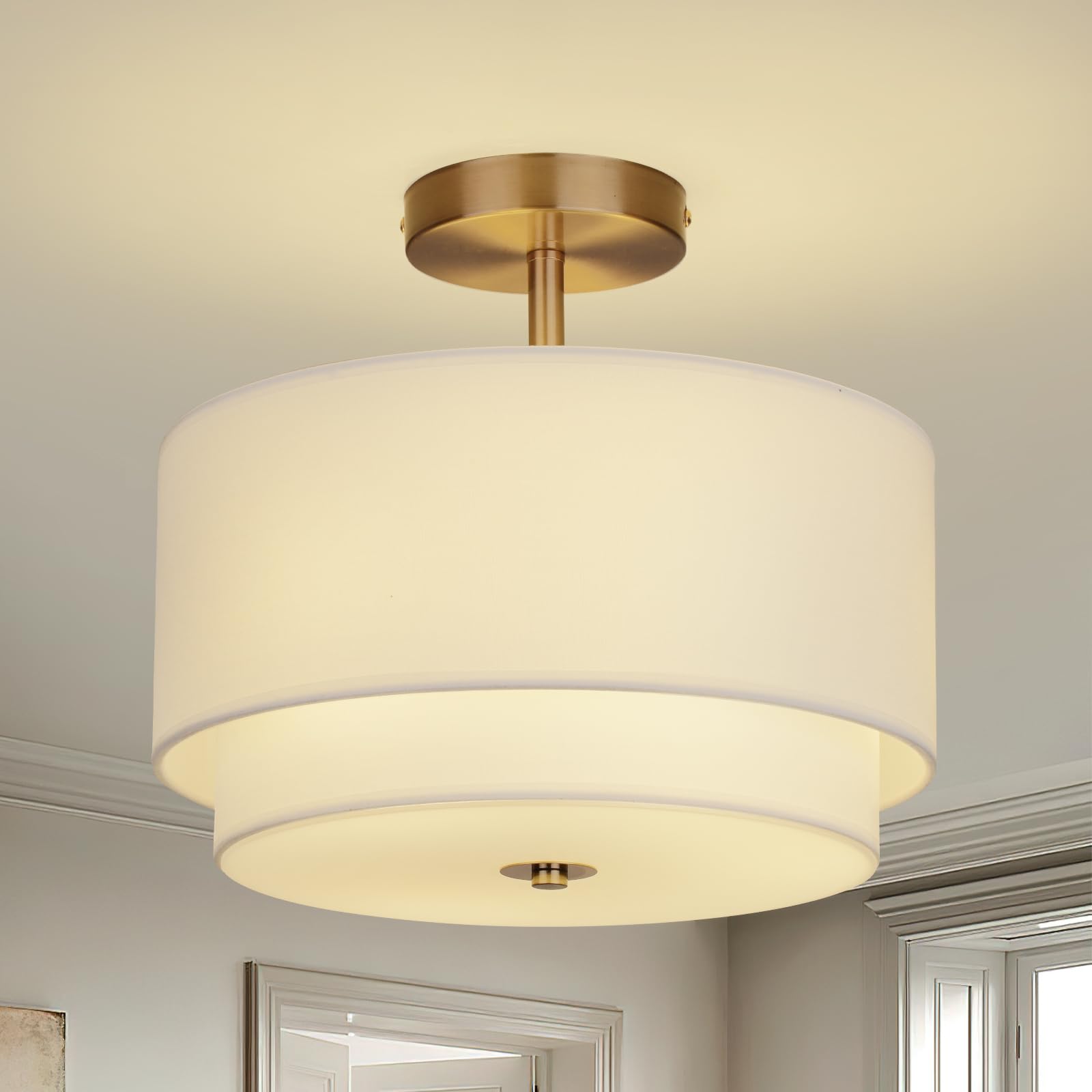 Vexagyle Gold Light Fixtures Ceiling Mount 12.6 Semi Flush Mount Ceiling Light Fixtures Nursery Light Fixture with 2-Layer White Shade Modern Drum Ceiling Lights for Bedroom Living Room Hallway