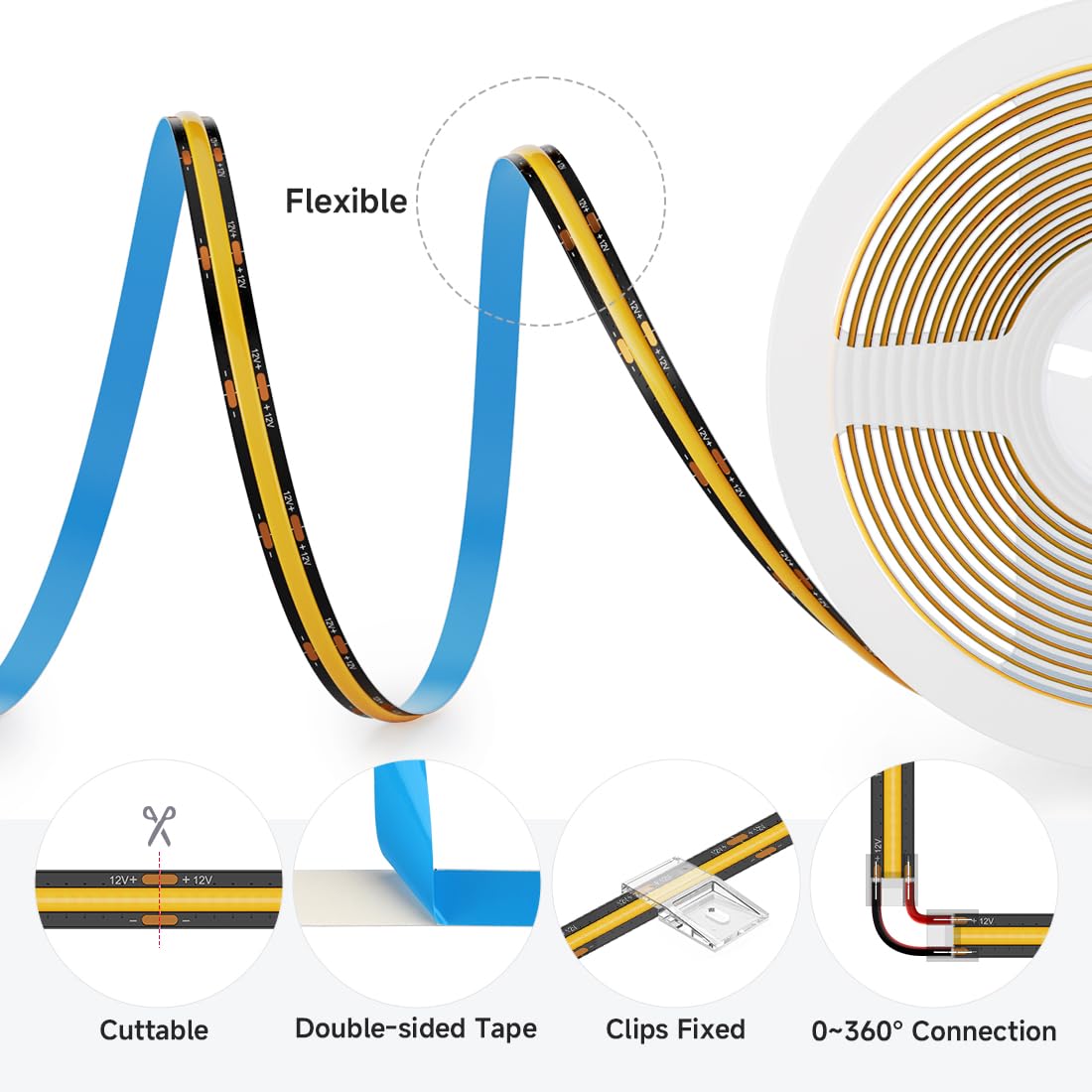 Btf-Lighting Fcob Cob Led Strip 8W/M 16.4Ft Dc12V Daylight White 6000K Flexible High Density Uniform Light Cri 90+ 8Mm Width Led Ribbon Black Pcb For Indoor Decor(No Adapter Or Controller)