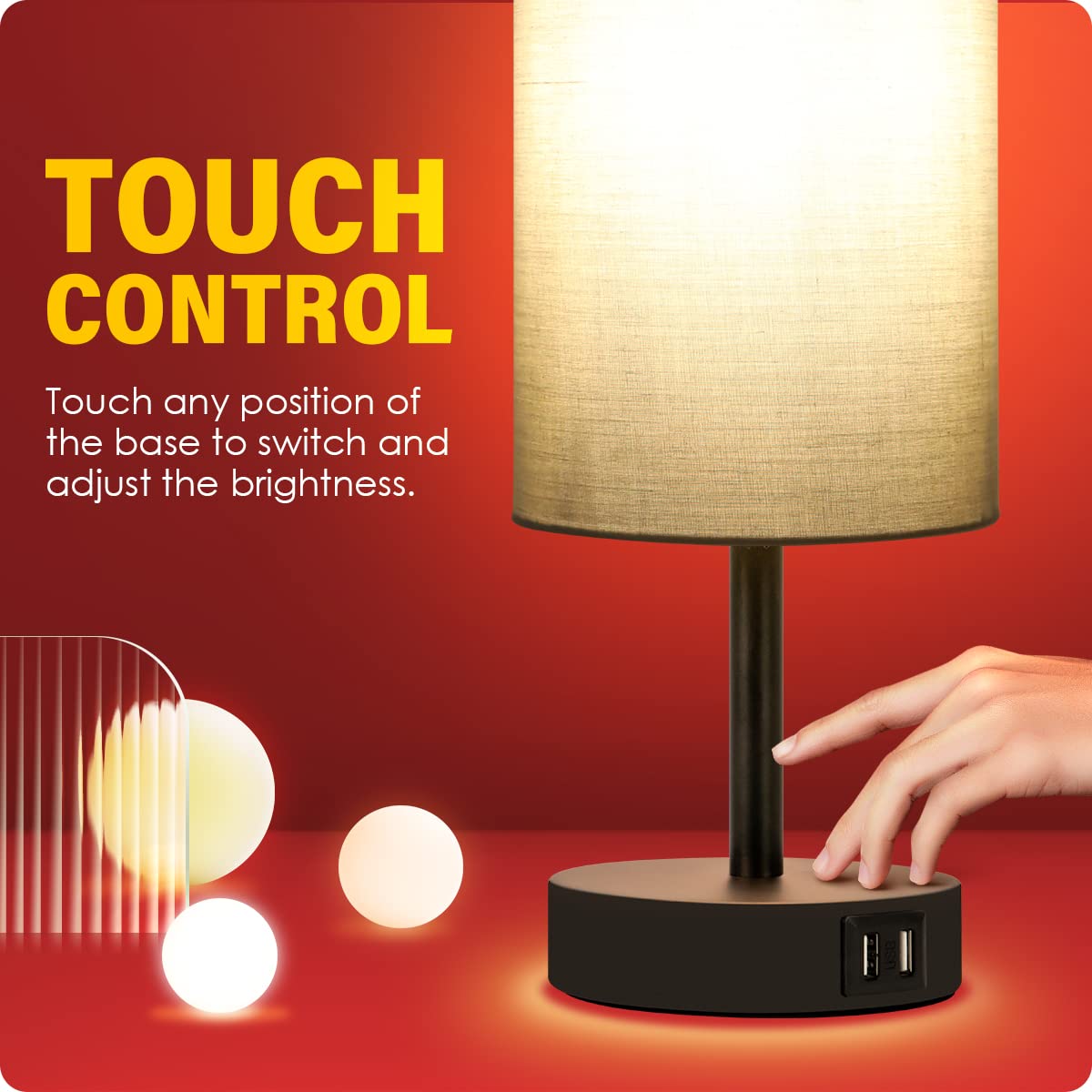 Yarra-Decor Touch Control Table Lamp Set of 2 - 3 Way Dimmable, Grey Fabric Shade, USB Port, Model Y-2 Grey