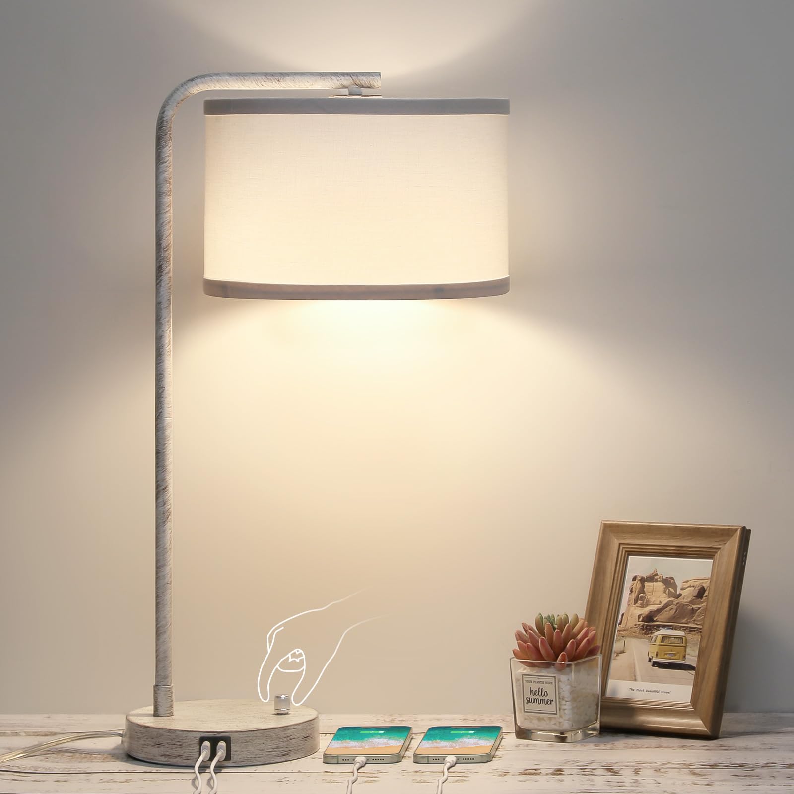 Table Lamp with Dual USB Charging Ports, Fully Dimmable Farmhouse Bedside Lamp, USB Nightstand Lamp with Brushed White Oak, Tall
