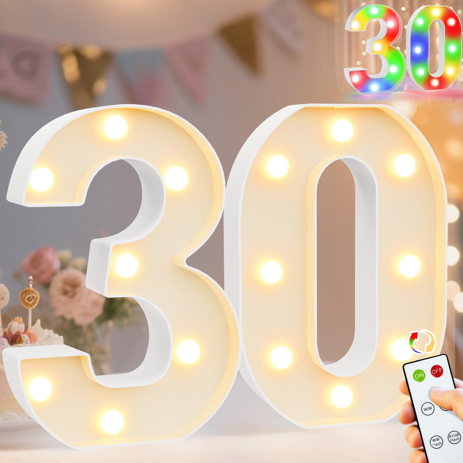 Pooqla 30Th Birthday Decoration For Her Him  Decorative Led Light Up Numbers  Marquee Numbers 30 Sign For Party Backdrop 30Th Wedding Anniversary Decor Gift  Warm White And Colorful Number 30