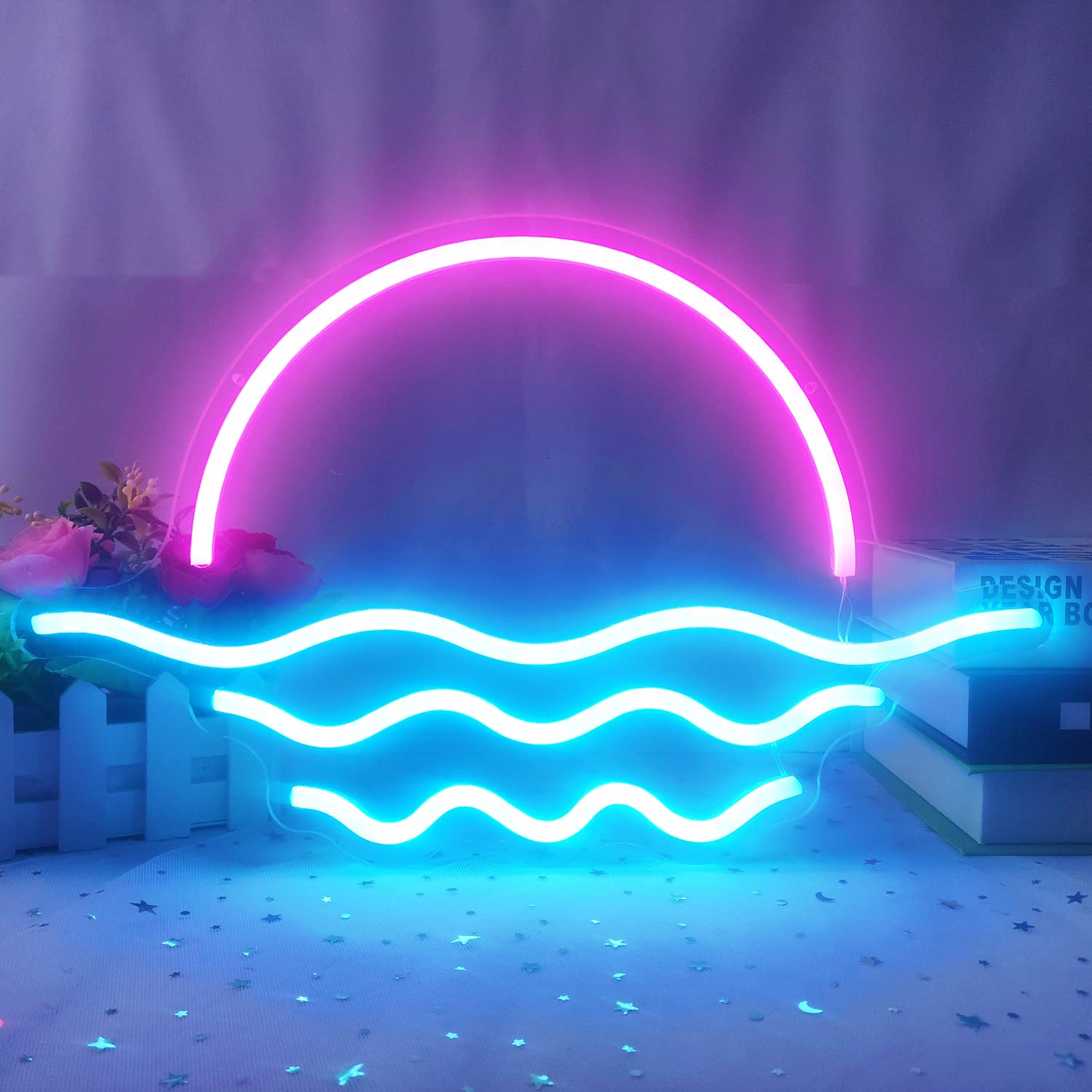 GMMLLG Sunrise Sunset Neon Sign, Dimmable Wave Design, 15.6in, Ice Blue & Pink, Strong Transparent Acrylic, Tropical Bedroom Decor
