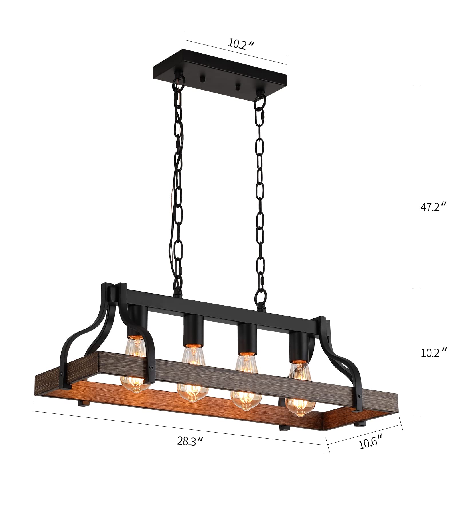 Meixisue Rustic Kitchen Island Dining Room Light Fixture Farmhouse Linear Chandelier Black And Retro Wood Finish 4-Light Industrial Metal Hanging Pendant Light Ul Listed L28.3 W10.6