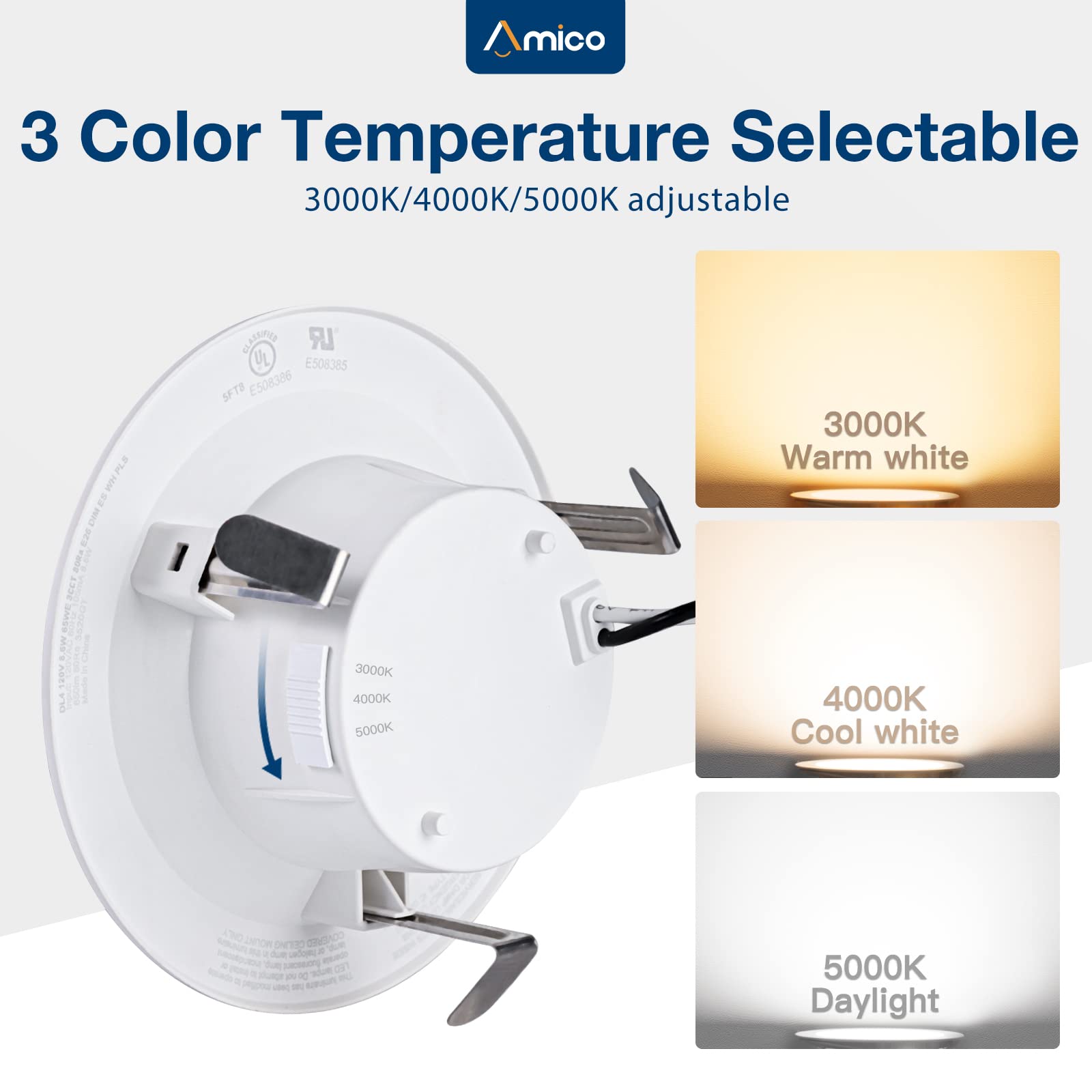 Amico 4 Inch 3Cct Led Recessed Lighting 12 Pack, Dimmable, Damp Rated, 9W=60W, 650Lm Can Lights With Baffle Trim, 3000K/4000K/50