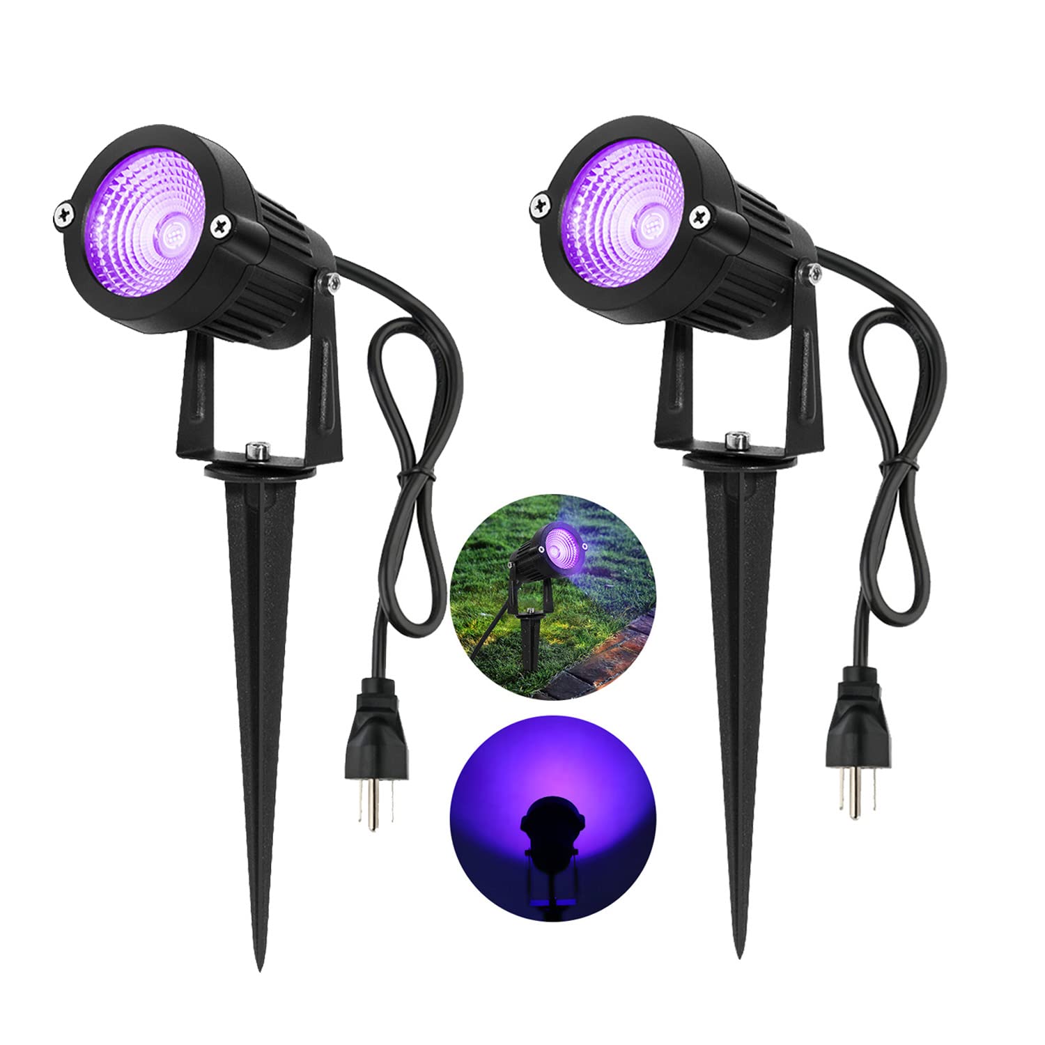 Uiexer 2 Pack Halloweenwaterproof Uv Led Blacklight Landscape Lights  Outdoor Plug In Black Light Spotlight For Pathway Light Plug Spike Stand Garden  Yard  Lawn  Halloween  Party Decorative Lighting