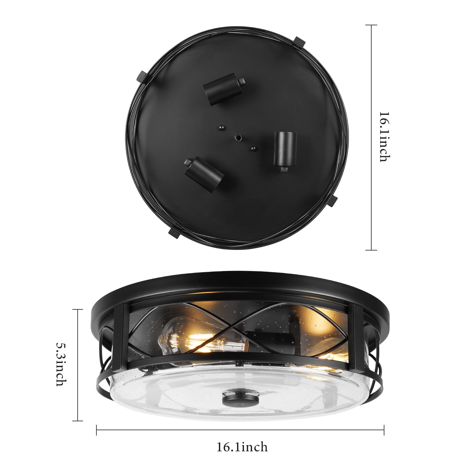 Rosient 16&quot; Seeded Glass Flush Mount Ceiling Light, 3-Light Black Lamp For Indoor/Outdoor Use