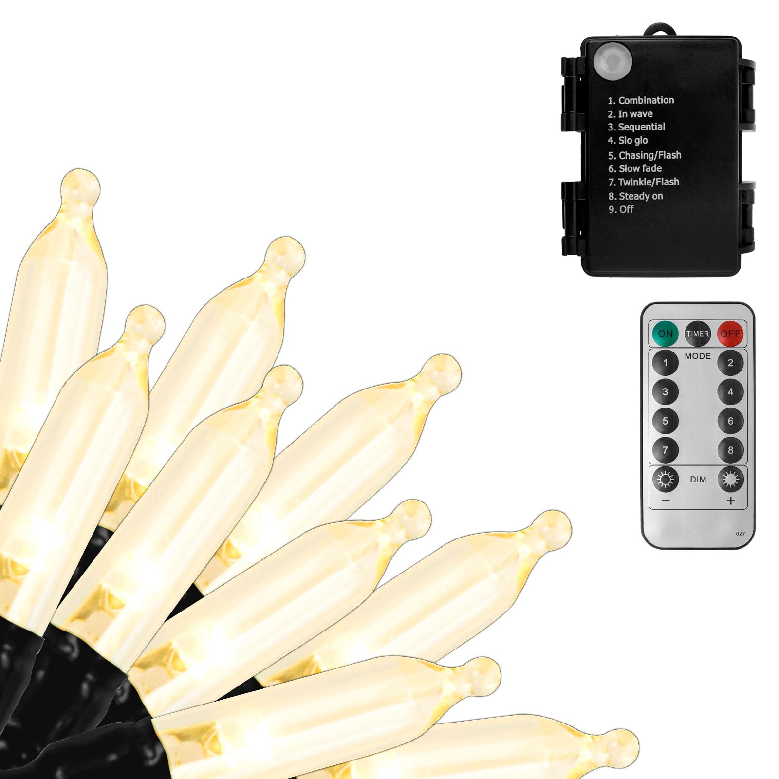 Filltown Battery Operated Christmas Lights, 33Ft 100 LED, Warm White, Auto Timer, 8 Modes, Remote Control, Black Wire